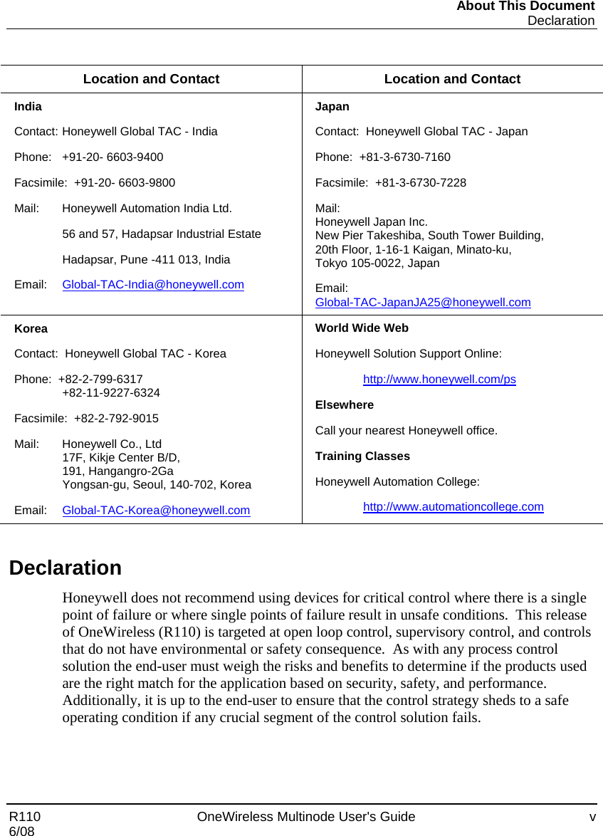 About This Document Declaration R110    OneWireless Multinode User&apos;s Guide  v 6/08  Location and Contact  Location and Contact India Contact:  Honeywell Global TAC - India Phone:   +91-20- 6603-9400 Facsimile:  +91-20- 6603-9800 Mail:   Honeywell Automation India Ltd.   56 and 57, Hadapsar Industrial Estate   Hadapsar, Pune -411 013, India Email:   Global-TAC-India@honeywell.com Japan Contact:  Honeywell Global TAC - Japan Phone:  +81-3-6730-7160 Facsimile:  +81-3-6730-7228 Mail:    Honeywell Japan Inc. New Pier Takeshiba, South Tower Building, 20th Floor, 1-16-1 Kaigan, Minato-ku, Tokyo 105-0022, Japan Email:   Global-TAC-JapanJA25@honeywell.com Korea Contact:  Honeywell Global TAC - Korea Phone:  +82-2-799-6317  +82-11-9227-6324 Facsimile:  +82-2-792-9015 Mail:   Honeywell Co., Ltd   17F, Kikje Center B/D,  191, Hangangro-2Ga   Yongsan-gu, Seoul, 140-702, Korea Email:   Global-TAC-Korea@honeywell.com World Wide Web Honeywell Solution Support Online:  http://www.honeywell.com/ps Elsewhere Call your nearest Honeywell office. Training Classes Honeywell Automation College:  http://www.automationcollege.com  Declaration Honeywell does not recommend using devices for critical control where there is a single point of failure or where single points of failure result in unsafe conditions.  This release of OneWireless (R110) is targeted at open loop control, supervisory control, and controls that do not have environmental or safety consequence.  As with any process control solution the end-user must weigh the risks and benefits to determine if the products used are the right match for the application based on security, safety, and performance.  Additionally, it is up to the end-user to ensure that the control strategy sheds to a safe operating condition if any crucial segment of the control solution fails.  