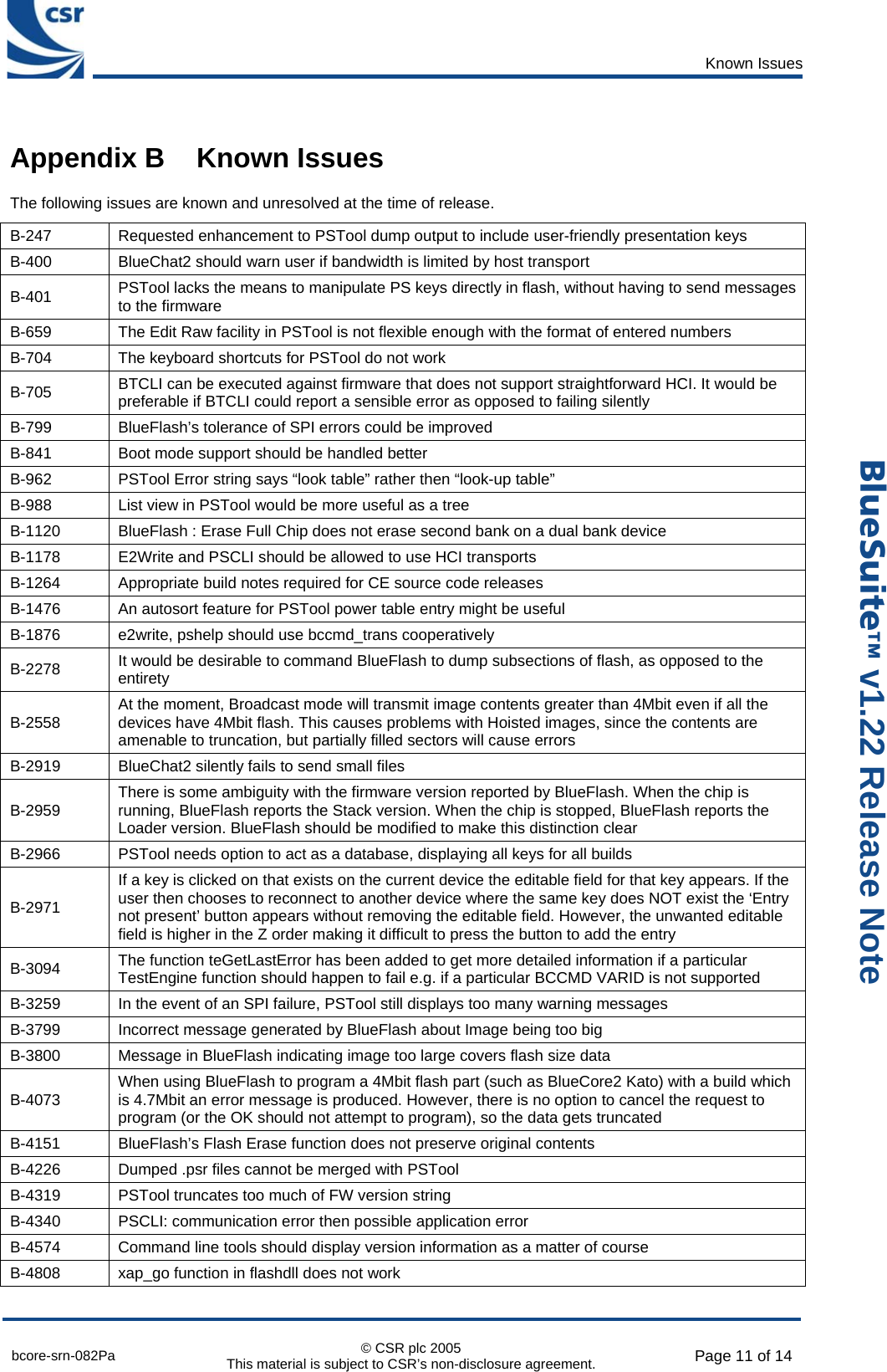      Known Issues  bcore-srn-082Pa  © CSR plc 2005 This material is subject to CSR’s non-disclosure agreement.  Page 11 of 14  _äìÉpìáíÉ» v1.22 Release Note Appendix B   Known Issues The following issues are known and unresolved at the time of release. B-247  Requested enhancement to PSTool dump output to include user-friendly presentation keys B-400  BlueChat2 should warn user if bandwidth is limited by host transport B-401  PSTool lacks the means to manipulate PS keys directly in flash, without having to send messages to the firmware B-659  The Edit Raw facility in PSTool is not flexible enough with the format of entered numbers B-704  The keyboard shortcuts for PSTool do not work B-705  BTCLI can be executed against firmware that does not support straightforward HCI. It would be preferable if BTCLI could report a sensible error as opposed to failing silently B-799  BlueFlash’s tolerance of SPI errors could be improved B-841  Boot mode support should be handled better B-962  PSTool Error string says “look table” rather then “look-up table” B-988  List view in PSTool would be more useful as a tree B-1120  BlueFlash : Erase Full Chip does not erase second bank on a dual bank device B-1178  E2Write and PSCLI should be allowed to use HCI transports B-1264  Appropriate build notes required for CE source code releases B-1476  An autosort feature for PSTool power table entry might be useful B-1876  e2write, pshelp should use bccmd_trans cooperatively B-2278  It would be desirable to command BlueFlash to dump subsections of flash, as opposed to the entirety B-2558  At the moment, Broadcast mode will transmit image contents greater than 4Mbit even if all the devices have 4Mbit flash. This causes problems with Hoisted images, since the contents are amenable to truncation, but partially filled sectors will cause errors B-2919  BlueChat2 silently fails to send small files B-2959  There is some ambiguity with the firmware version reported by BlueFlash. When the chip is running, BlueFlash reports the Stack version. When the chip is stopped, BlueFlash reports the Loader version. BlueFlash should be modified to make this distinction clear B-2966  PSTool needs option to act as a database, displaying all keys for all builds B-2971 If a key is clicked on that exists on the current device the editable field for that key appears. If the user then chooses to reconnect to another device where the same key does NOT exist the ‘Entry not present’ button appears without removing the editable field. However, the unwanted editable field is higher in the Z order making it difficult to press the button to add the entry B-3094  The function teGetLastError has been added to get more detailed information if a particular TestEngine function should happen to fail e.g. if a particular BCCMD VARID is not supported B-3259  In the event of an SPI failure, PSTool still displays too many warning messages B-3799  Incorrect message generated by BlueFlash about Image being too big B-3800  Message in BlueFlash indicating image too large covers flash size data B-4073  When using BlueFlash to program a 4Mbit flash part (such as BlueCore2 Kato) with a build which is 4.7Mbit an error message is produced. However, there is no option to cancel the request to program (or the OK should not attempt to program), so the data gets truncated B-4151  BlueFlash’s Flash Erase function does not preserve original contents B-4226  Dumped .psr files cannot be merged with PSTool B-4319  PSTool truncates too much of FW version string B-4340  PSCLI: communication error then possible application error B-4574  Command line tools should display version information as a matter of course B-4808  xap_go function in flashdll does not work 