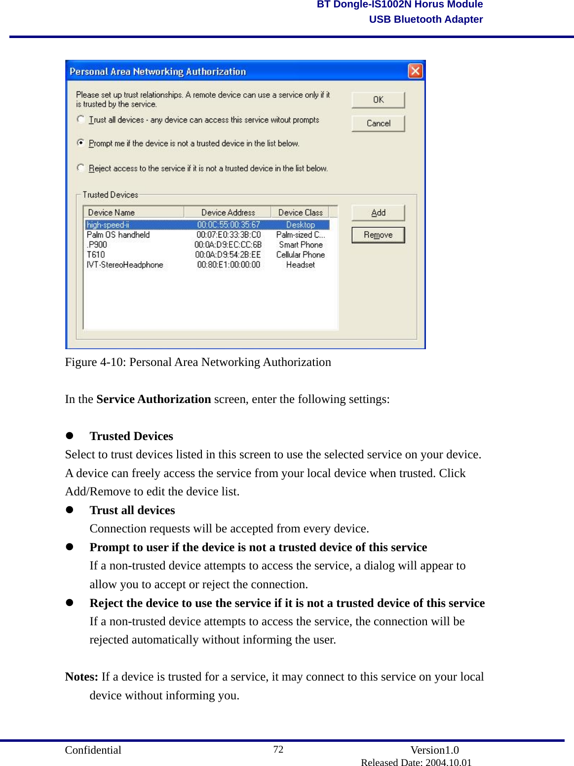                                       Confidential               Version1.0                          Released Date: 2004.10.01 72BT Dongle-IS1002N Horus ModuleUSB Bluetooth Adapter  Figure 4-10: Personal Area Networking Authorization  In the Service Authorization screen, enter the following settings:    Trusted Devices Select to trust devices listed in this screen to use the selected service on your device. A device can freely access the service from your local device when trusted. Click Add/Remove to edit the device list.     Trust all devices   Connection requests will be accepted from every device.     Prompt to user if the device is not a trusted device of this service   If a non-trusted device attempts to access the service, a dialog will appear to   allow you to accept or reject the connection.     Reject the device to use the service if it is not a trusted device of this service   If a non-trusted device attempts to access the service, the connection will be  rejected automatically without informing the user.    Notes: If a device is trusted for a service, it may connect to this service on your local   device without informing you.  