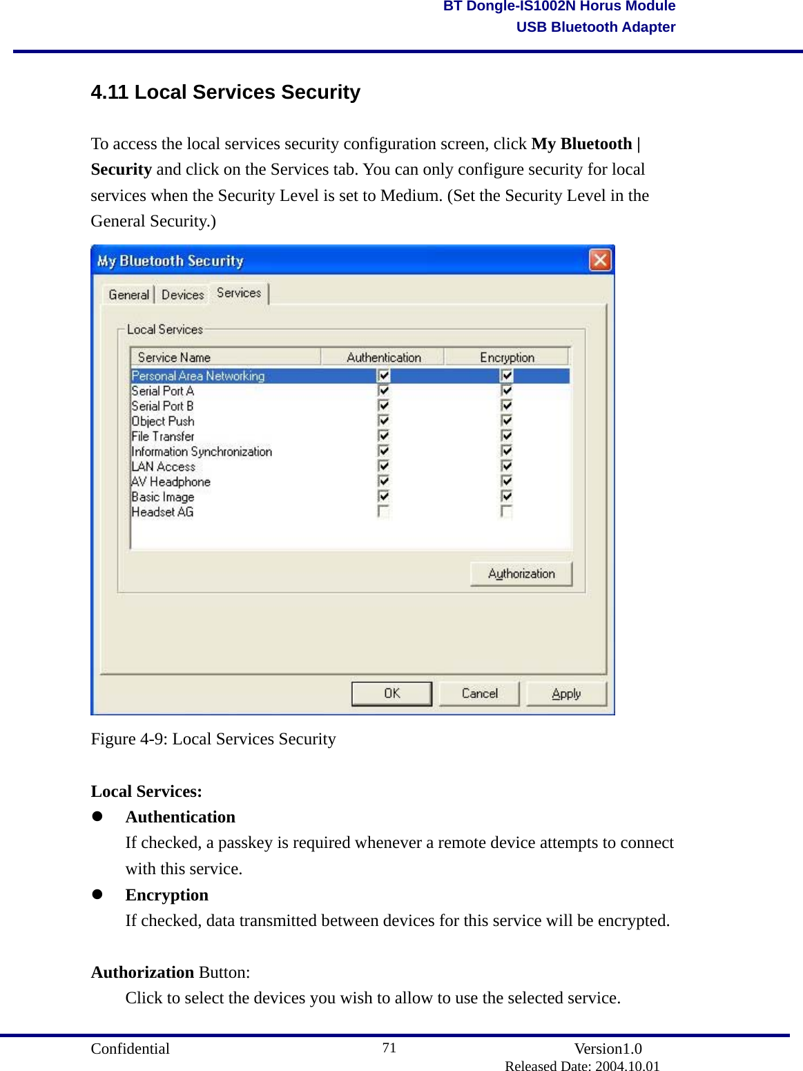                                       Confidential               Version1.0                          Released Date: 2004.10.01 71BT Dongle-IS1002N Horus ModuleUSB Bluetooth Adapter4.11 Local Services Security To access the local services security configuration screen, click My Bluetooth | Security and click on the Services tab. You can only configure security for local services when the Security Level is set to Medium. (Set the Security Level in the General Security.)    Figure 4-9: Local Services Security  Local Services:   Authentication   If checked, a passkey is required whenever a remote device attempts to connect  with this service.    Encryption   If checked, data transmitted between devices for this service will be encrypted.    Authorization Button:   Click to select the devices you wish to allow to use the selected service.  