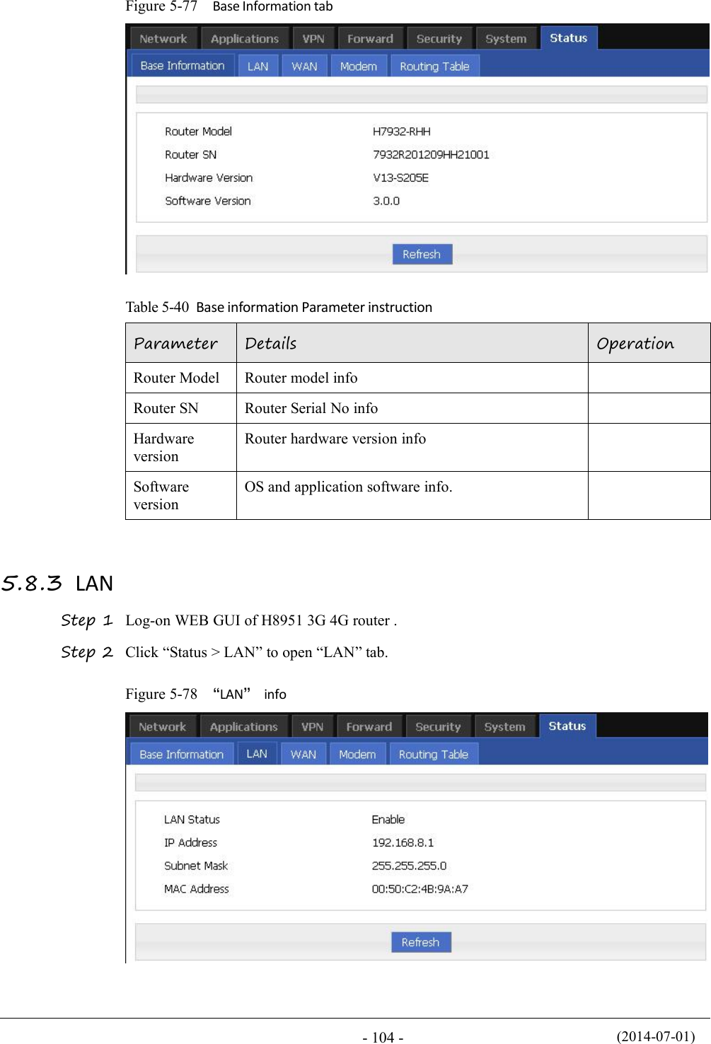 (2014-07-01)- 104 -Figure 5-77 Base Information tabTable 5-40 Base information Parameter instructionParameterDetailsOperationRouter ModelRouter model infoRouter SNRouter Serial No infoHardwareversionRouter hardware version infoSoftwareversionOS and application software info.5.8.3 LANStep 1 Log-on WEB GUI of H8951 3G 4G router .Step 2 Click “Status &gt; LAN” to open “LAN” tab.Figure 5-78 “LAN”info