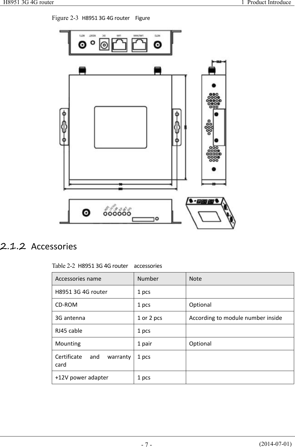 H8951 3G 4G router1 Product Introduce(2014-07-01)- 7 -Figure 2-3 H8951 3G 4G router Figure2.1.2 AccessoriesTable 2-2 H8951 3G 4G router accessoriesAccessories nameNumberNoteH8951 3G 4G router1 pcsCD-ROM1 pcsOptional3G antenna1 or 2 pcsAccording to module number insideRJ45 cable1 pcsMounting1 pairOptionalCertificate and warrantycard1 pcs+12V power adapter1 pcs