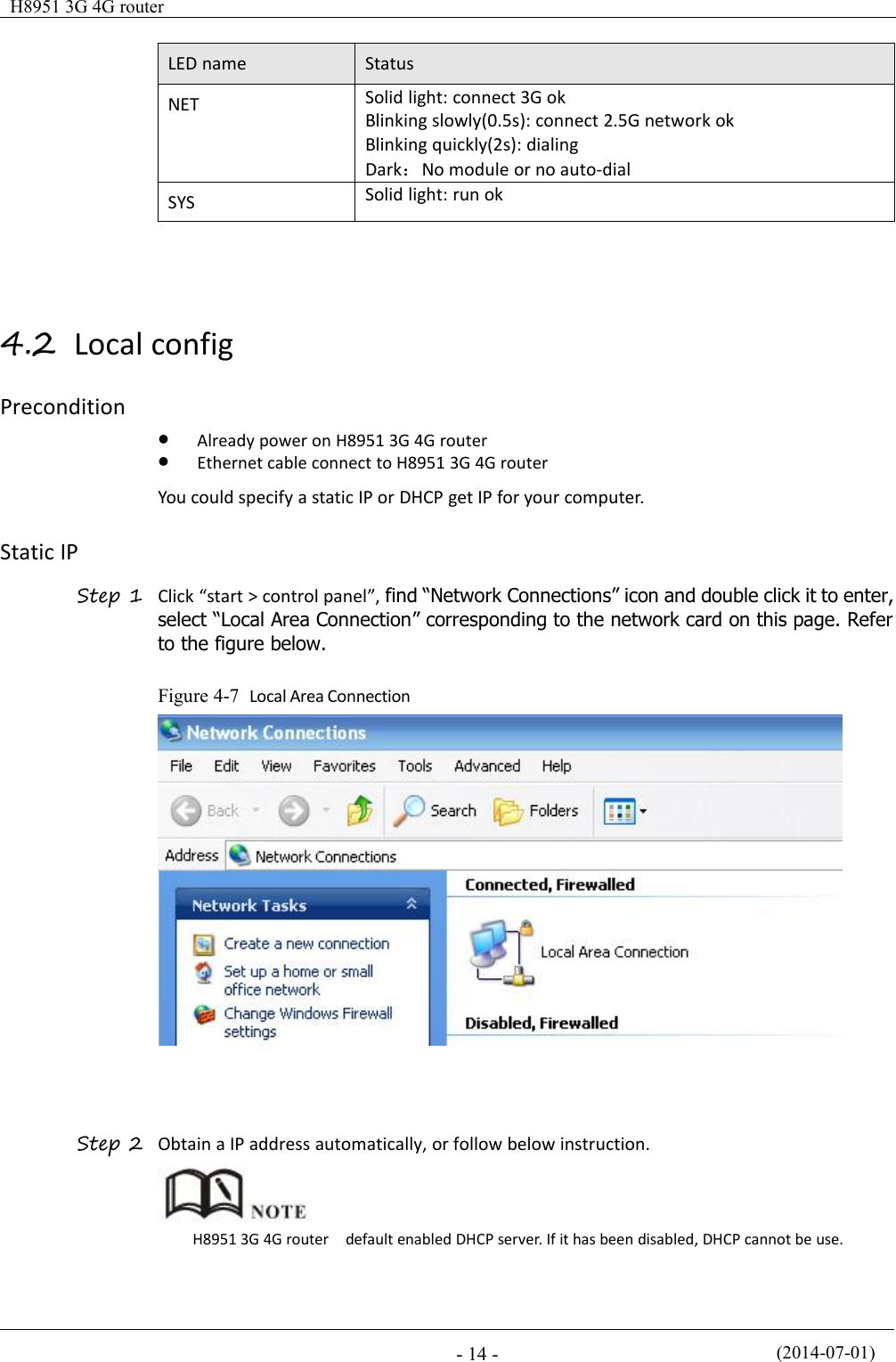 H8951 3G 4G router(2014-07-01)- 14 -LED nameStatusNETSolid light: connect 3G okBlinking slowly(0.5s): connect 2.5G network okBlinking quickly(2s): dialingDark：No module or no auto-dialSYSSolid light: run ok4.2 Local configPreconditionAlready power on H8951 3G 4G routerEthernet cable connect to H8951 3G 4G routerYou could specify a static IP or DHCP get IP for your computer.Static IPStep 1 Click “start &gt; control panel”, find “Network Connections” icon and double click it to enter,select “Local Area Connection” corresponding to the network card on this page. Referto the figure below.Figure 4-7 Local Area ConnectionStep 2 Obtain a IP address automatically, or follow below instruction.H8951 3G 4G router default enabled DHCP server. If it has been disabled, DHCP cannot be use.
