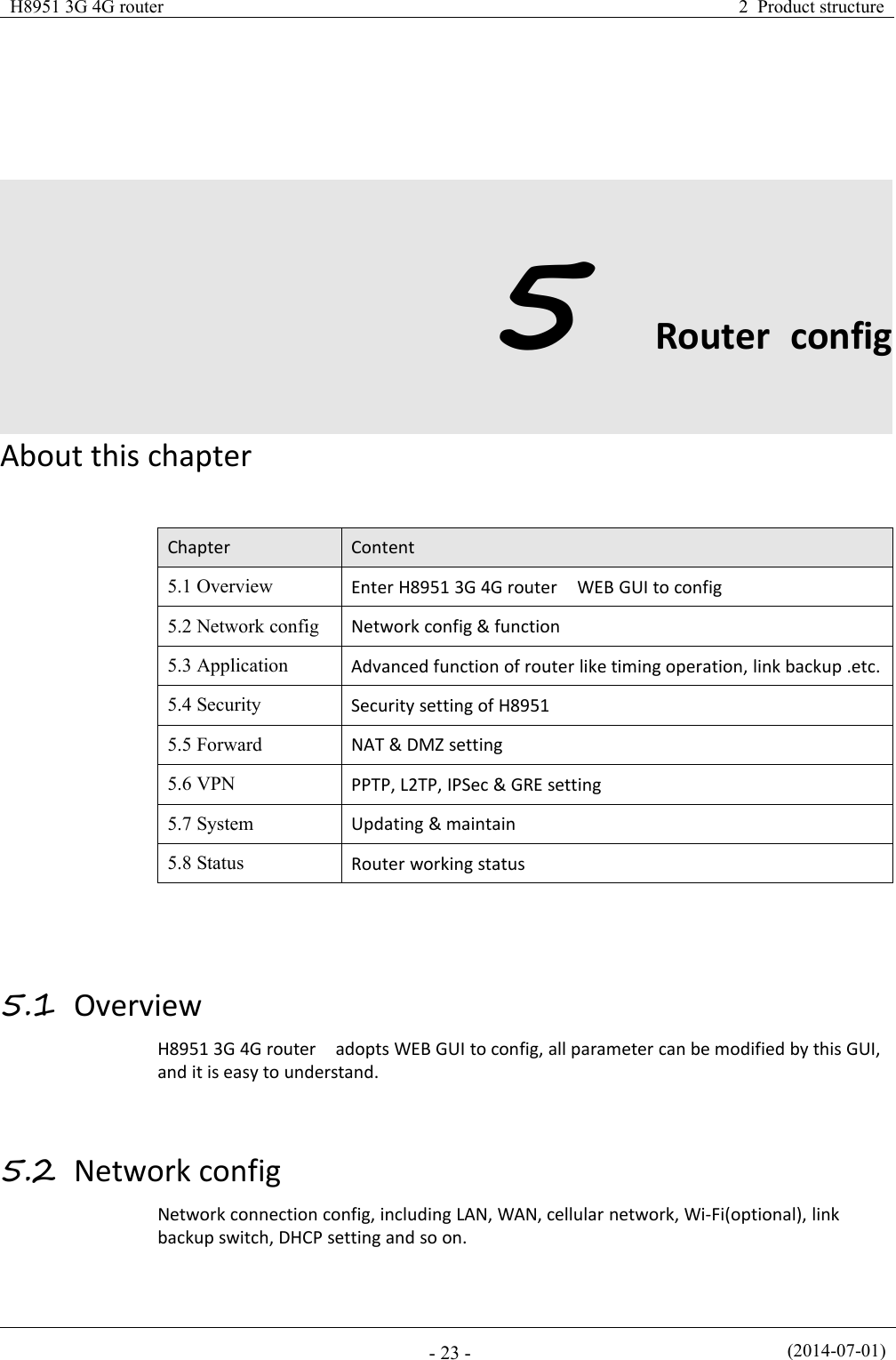 H8951 3G 4G router2 Product structure(2014-07-01)- 23 -5Router configAbout this chapterChapterContent5.1 OverviewEnter H8951 3G 4G router WEB GUI to config5.2 Network configNetwork config &amp; function5.3 ApplicationAdvanced function of router like timing operation, link backup .etc.5.4 SecuritySecurity setting of H89515.5 ForwardNAT &amp; DMZ setting5.6 VPNPPTP, L2TP, IPSec &amp; GRE setting5.7 SystemUpdating &amp; maintain5.8 StatusRouter working status5.1 OverviewH8951 3G 4G router adopts WEB GUI to config, all parameter can be modified by this GUI,and it is easy to understand.5.2 Network configNetwork connection config, including LAN, WAN, cellular network, Wi-Fi(optional), linkbackup switch, DHCP setting and so on.