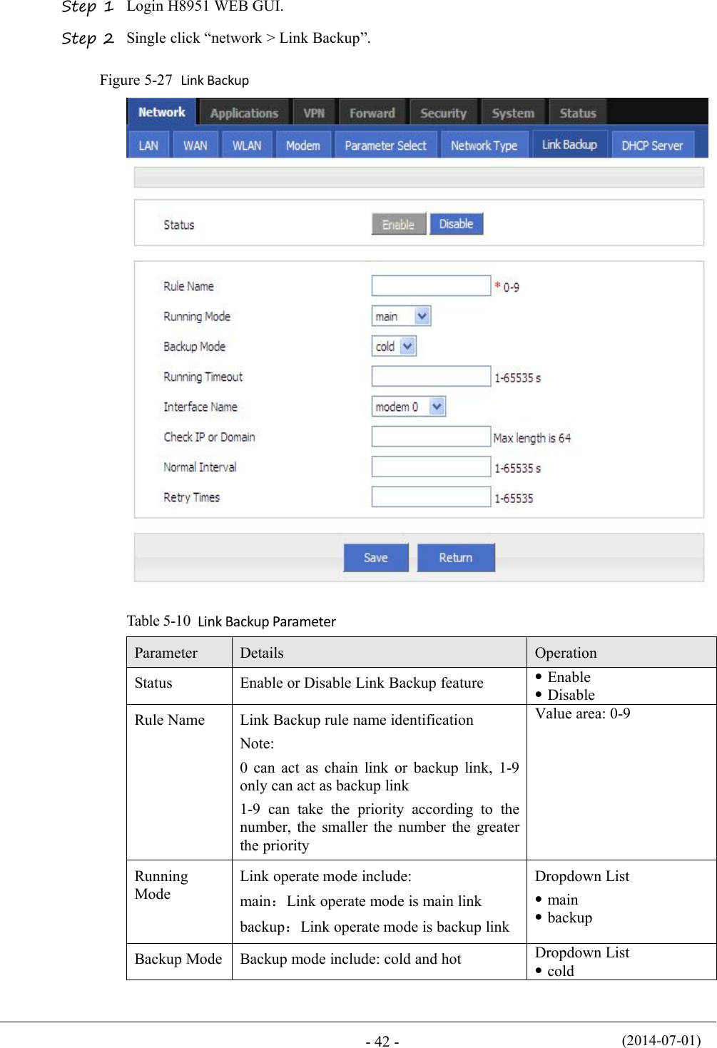 (2014-07-01)- 42 -Step 1 Login H8951 WEB GUI.Step 2 Single click “network &gt; Link Backup”.Figure 5-27 Link BackupTable 5-10 Link Backup ParameterParameterDetailsOperationStatusEnable or Disable Link Backup featureEnableDisableRule NameLink Backup rule name identificationNote:0 can act as chain link or backup link, 1-9only can act as backup link1-9 can take the priority according to thenumber, the smaller the number the greaterthe priorityValue area: 0-9RunningModeLink operate mode include:main：Link operate mode is main linkbackup：Link operate mode is backup linkDropdown ListmainbackupBackup ModeBackup mode include: cold and hotDropdown Listcold