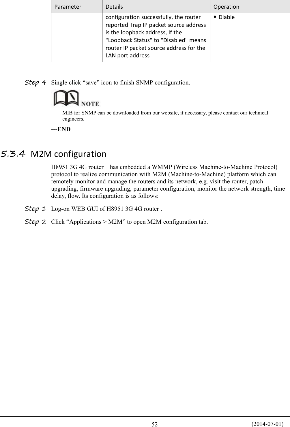 (2014-07-01)- 52 -ParameterDetailsOperationconfiguration successfully, the routerreported Trap IP packet source addressis the loopback address, If the&quot;Loopback Status&quot; to &quot;Disabled&quot; meansrouter IP packet source address for theLAN port addressDiableStep 4 Single click “save” icon to finish SNMP configuration.MIB for SNMP can be downloaded from our website, if necessary, please contact our technicalengineers.---END5.3.4 M2M configurationH8951 3G 4G router has embedded a WMMP (Wireless Machine-to-Machine Protocol)protocol to realize communication with M2M (Machine-to-Machine) platform which canremotely monitor and manage the routers and its network, e.g. visit the router, patchupgrading, firmware upgrading, parameter configuration, monitor the network strength, timedelay, flow. Its configuration is as follows:Step 1 Log-on WEB GUI of H8951 3G 4G router .Step 2 Click “Applications &gt; M2M” to open M2M configuration tab.