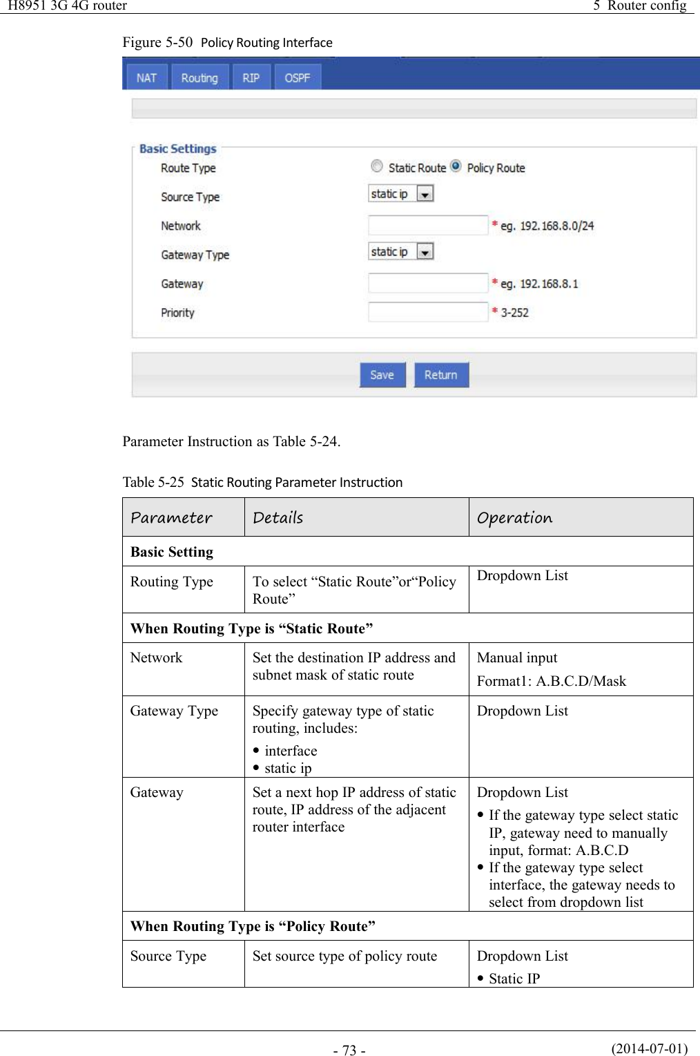 H8951 3G 4G router5 Router config(2014-07-01)- 73 -Figure 5-50 Policy Routing InterfaceParameter Instruction as Table 5-24.Table 5-25 Static Routing Parameter InstructionParameterDetailsOperationBasic SettingRouting TypeTo select “Static Route”or“PolicyRoute”Dropdown ListWhen Routing Type is “Static Route”NetworkSet the destination IP address andsubnet mask of static routeManual inputFormat1: A.B.C.D/MaskGateway TypeSpecify gateway type of staticrouting, includes:interfacestatic ipDropdown ListGatewaySet a next hop IP address of staticroute, IP address of the adjacentrouter interfaceDropdown ListIf the gateway type select staticIP, gateway need to manuallyinput, format: A.B.C.DIf the gateway type selectinterface, the gateway needs toselect from dropdown listWhen Routing Type is “Policy Route”Source TypeSet source type of policy routeDropdown ListStatic IP