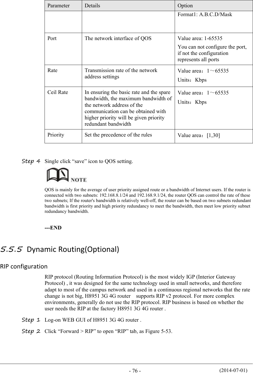 (2014-07-01)- 76 -ParameterDetailsOptionFormat1: A.B.C.D/MaskPortThe network interface of QOSValue area: 1-65535You can not configure the port,if not the configurationrepresents all portsRateTransmission rate of the networkaddress settingsValue area：1～65535Units：KbpsCeil RateIn ensuring the basic rate and the sparebandwidth, the maximum bandwidth ofthe network address of thecommunication can be obtained withhigher priority will be given priorityredundant bandwidthValue area：1～65535Units：KbpsPrioritySet the precedence of the rulesValue area：[1,30]Step 4 Single click “save” icon to QOS setting.QOS is mainly for the average of user priority assigned route or a bandwidth of Internet users. If the router isconnected with two subnets: 192.168.8.1/24 and 192.168.9.1/24, the router QOS can control the rate of thesetwo subnets; If the router&apos;s bandwidth is relatively well-off, the router can be based on two subnets redundantbandwidth is first priority and high priority redundancy to meet the bandwidth, then meet low priority subnetredundancy bandwidth.---END5.5.5 Dynamic Routing(Optional)RIP configurationRIP protocol (Routing Information Protocol) is the most widely IGP (Interior GatewayProtocol) , it was designed for the same technology used in small networks, and thereforeadapt to most of the campus network and used in a continuous regional networks that the ratechange is not big, H8951 3G 4G router supports RIP v2 protocol. For more complexenvironments, generally do not use the RIP protocol. RIP business is based on whether theuser needs the RIP at the factory H8951 3G 4G router .Step 1 Log-on WEB GUI of H8951 3G 4G router .Step 2 Click “Forward &gt; RIP” to open “RIP” tab, as Figure 5-53.