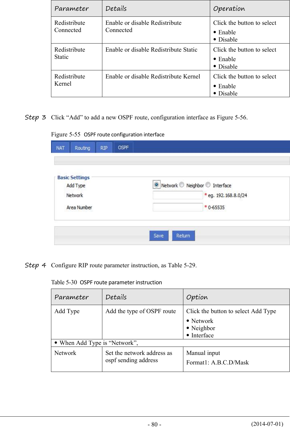 (2014-07-01)- 80 -ParameterDetailsOperationRedistributeConnectedEnable or disable RedistributeConnectedClick the button to selectEnableDisableRedistributeStaticEnable or disable Redistribute StaticClick the button to selectEnableDisableRedistributeKernelEnable or disable Redistribute KernelClick the button to selectEnableDisableStep 3 Click “Add” to add a new OSPF route, configuration interface as Figure 5-56.Figure 5-55 OSPF route configuration interfaceStep 4 Configure RIP route parameter instruction, as Table 5-29.Table 5-30 OSPF route parameter instructionParameterDetailsOptionAdd TypeAdd the type of OSPF routeClick the button to select Add TypeNetworkNeighborInterfaceWhen Add Type is “Network”,NetworkSet the network address asospf sending addressManual inputFormat1: A.B.C.D/Mask