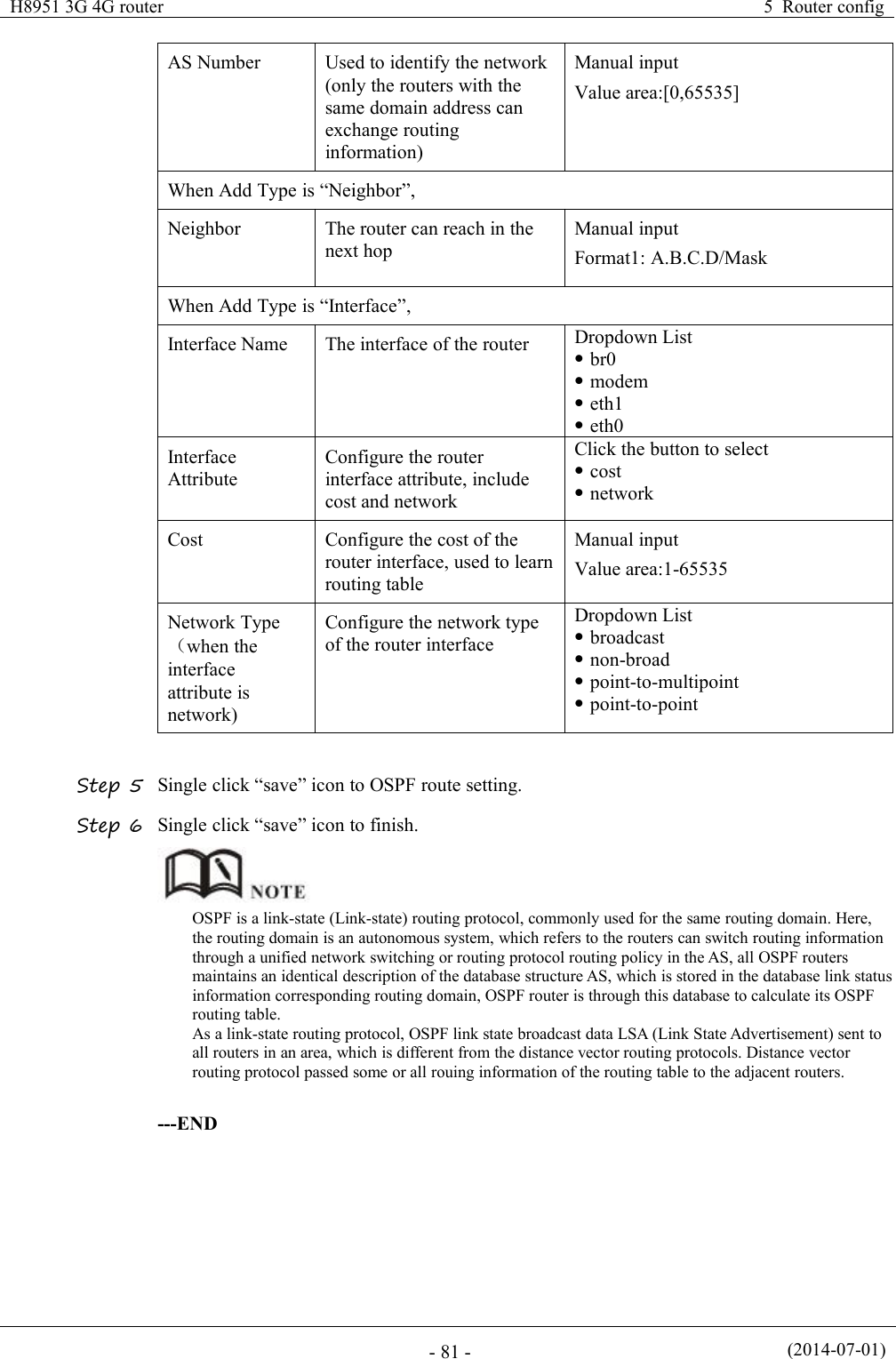 H8951 3G 4G router5 Router config(2014-07-01)- 81 -Step 5 Single click “save” icon to OSPF route setting.Step 6 Single click “save” icon to finish.OSPF is a link-state (Link-state) routing protocol, commonly used for the same routing domain. Here,the routing domain is an autonomous system, which refers to the routers can switch routing informationthrough a unified network switching or routing protocol routing policy in the AS, all OSPF routersmaintains an identical description of the database structure AS, which is stored in the database link statusinformation corresponding routing domain, OSPF router is through this database to calculate its OSPFrouting table.As a link-state routing protocol, OSPF link state broadcast data LSA (Link State Advertisement) sent toall routers in an area, which is different from the distance vector routing protocols. Distance vectorrouting protocol passed some or all rouing information of the routing table to the adjacent routers.---ENDAS NumberUsed to identify the network(only the routers with thesame domain address canexchange routinginformation)Manual inputValue area:[0,65535]When Add Type is “Neighbor”,NeighborThe router can reach in thenext hopManual inputFormat1: A.B.C.D/MaskWhen Add Type is “Interface”,Interface NameThe interface of the routerDropdown Listbr0modemeth1eth0InterfaceAttributeConfigure the routerinterface attribute, includecost and networkClick the button to selectcostnetworkCostConfigure the cost of therouter interface, used to learnrouting tableManual inputValue area:1-65535Network Type（when theinterfaceattribute isnetwork)Configure the network typeof the router interfaceDropdown Listbroadcastnon-broadpoint-to-multipointpoint-to-point