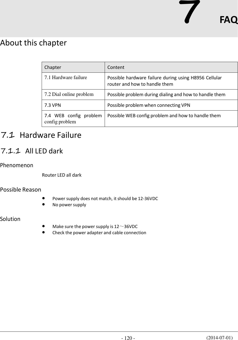 (2014-07-01) - 120 -   7 FAQ  About this chapter    Chapter Content 7.1 Hardware failure Possible hardware failure during using H8956 Cellular router and how to handle them 7.2 Dial online problem Possible problem during dialing and how to handle them 7.3 VPN Possible problem when connecting VPN 7.4   WEB   config   problem config problem Possible WEB config problem and how to handle them 7.1 Hardware Failure  7.1.1 All LED dark  Phenomenon   Router LED all dark  Possible Reason    Power supply does not match, it should be 12-36VDC  No power supply  Solution    Make sure the power supply is 12～36VDC  Check the power adapter and cable connection 