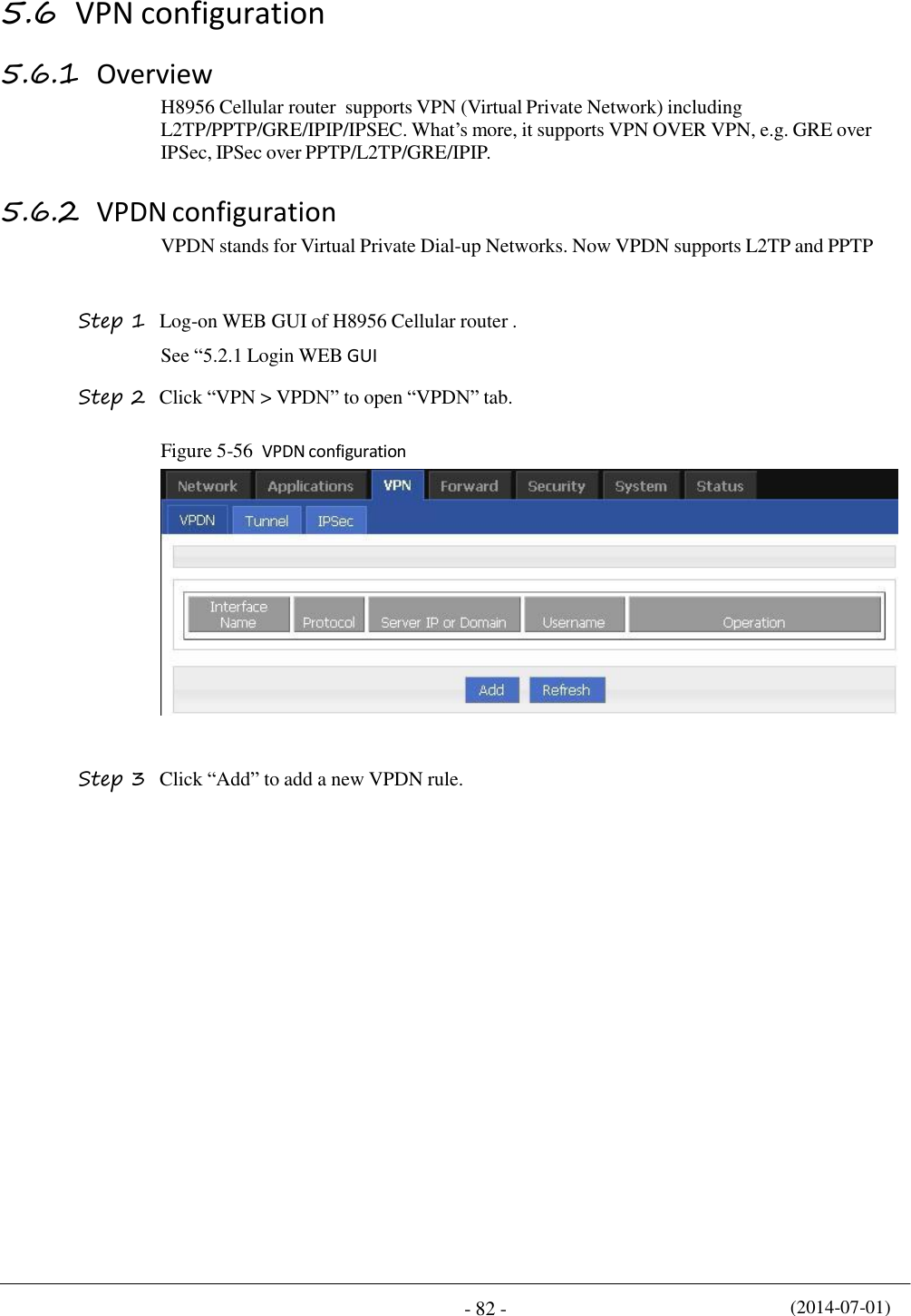 (2014-07-01) - 82 -    5.6 VPN configuration  5.6.1 Overview H8956 Cellular router  supports VPN (Virtual Private Network) including L2TP/PPTP/GRE/IPIP/IPSEC. What’s more, it supports VPN OVER VPN, e.g. GRE over IPSec, IPSec over PPTP/L2TP/GRE/IPIP.  5.6.2 VPDN configuration VPDN stands for Virtual Private Dial-up Networks. Now VPDN supports L2TP and PPTP   Step 1  Log-on WEB GUI of H8956 Cellular router . See “5.2.1 Login WEB GUI  Step 2  Click “VPN &gt; VPDN” to open “VPDN” tab.  Figure 5-56  VPDN configuration    Step 3  Click “Add” to add a new VPDN rule. 