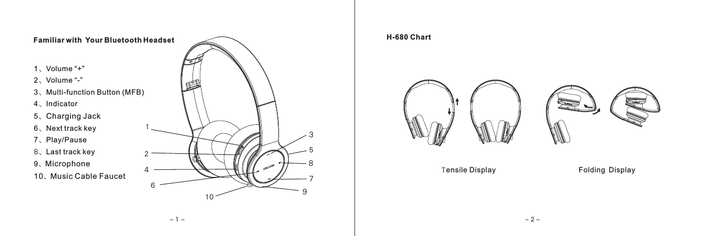 - 1 - - 2 -1、2、3、4、5、Charging Jack6、7、Play/Pause8、9、Microphone10、Music Cable FaucetVolume &ldquo;+&rdquo; Volume &ldquo;-&rdquo; Multi-function Button (MFB)IndicatorNext track keyLast track key49783101256H-680 ChartFamiliar with  Your Bluetooth HeadsetTensile Display Folding Display