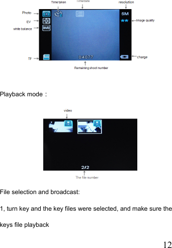   12 Playback mode：  File selection and broadcast: 1, turn key and the key files were selected, and make sure the keys file playback 