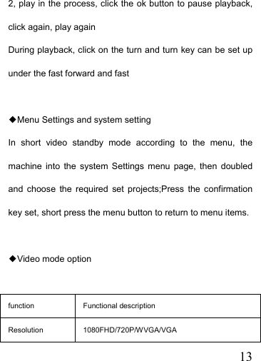   132, play in the process, click the ok button to pause playback, click again, play again During playback, click on the turn and turn key can be set up under the fast forward and fast  ◆Menu Settings and system setting In short video standby mode according to the menu, the machine into the system Settings menu page, then doubled and choose the required set projects;Press the confirmation key set, short press the menu button to return to menu items.  ◆Video mode option  function Functional description Resolution 1080FHD/720P/WVGA/VGA 