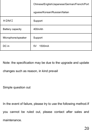   20Chinese/English/Japanese/German/French/Portuguese/Korean/Russian/Italian ＨＤＭＩ Support Battery capacity  400mAh Microphone/speaker Support DC in  5V  1500mA  Note: the specification may be due to the upgrade and update changes such as reason, in kind prevail  Simple question out   In the event of failure, please try to use the following method.If you cannot be ruled out, please contact after sales and maintenance. 