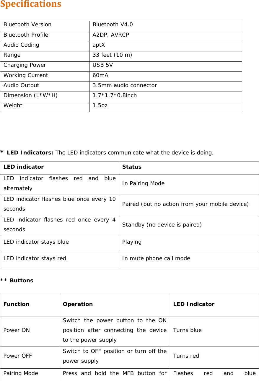 SpecificationsBluetooth Version  Bluetooth V4.0  Bluetooth Profile  A2DP, AVRCP Audio Coding  aptX Range  33 feet (10 m) Charging Power  USB 5V Working Current  60mA Audio Output  3.5mm audio connector Dimension (L*W*H)  1.7*1.7*0.8inch Weight 1.5oz  * LED Indicators: The LED indicators communicate what the device is doing.LED indicator  Status LED indicator flashes red and blue alternately  In Pairing Mode LED indicator flashes blue once every 10 seconds  Paired (but no action from your mobile device) LED indicator flashes red once every 4 seconds Standby (no device is paired) LED indicator stays blue  Playing LED indicator stays red.  In mute phone call mode ** Buttons Function Operation  LED Indicator Power ON Switch the power button to the ON position after connecting the device to the power supply Turns blue Power OFF  Switch to OFF position or turn off the power supply  Turns red Pairing Mode  Press and hold the MFB button for  Flashes  red  and  blue 