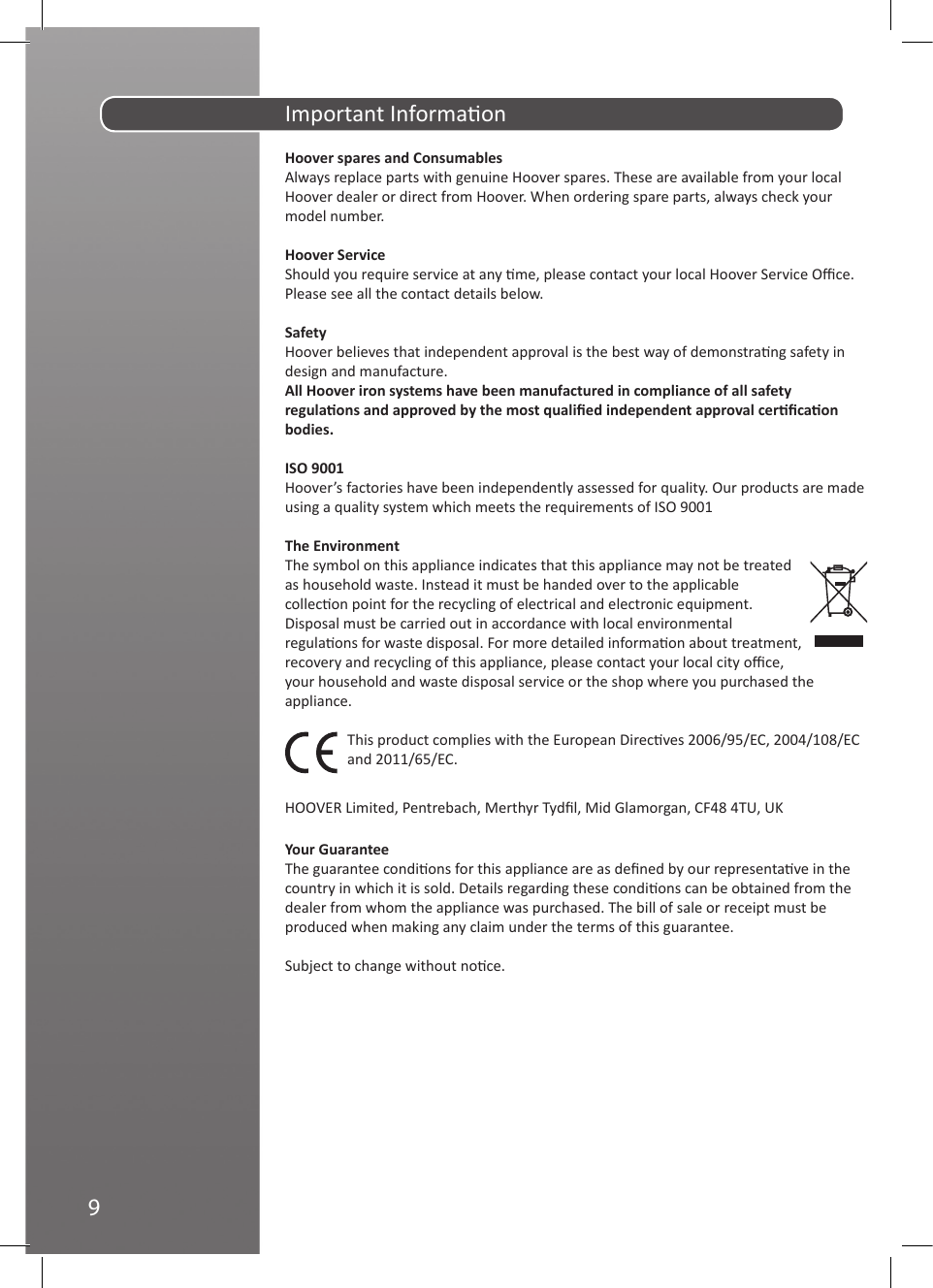 Page 10 of 11 - Hoover IronSteam Steam Generator Iron SFM4002 Instruction Manual - Product Code 39600107 48007881-01-Ironspeed-IM-UK