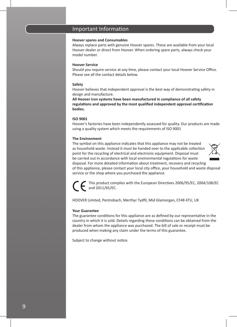 Page 10 of 11 - Hoover IronJet Steam Iron TID2500 Instruction Manual - Product Code 39600131 48011051-IRONjet-UM-UK