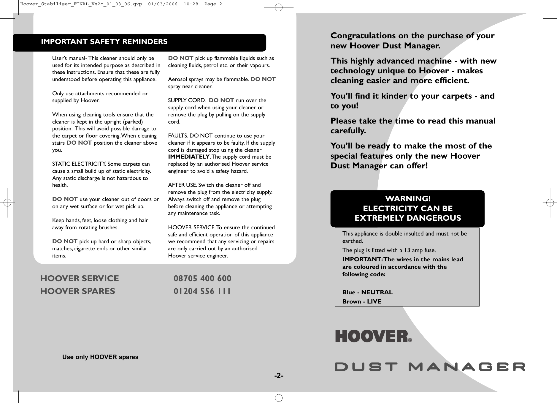 Page 2 of 8 - Hoover Vacuum Cleaner Dust Manager DM4496 Instruction Manual - Product Code 39100102