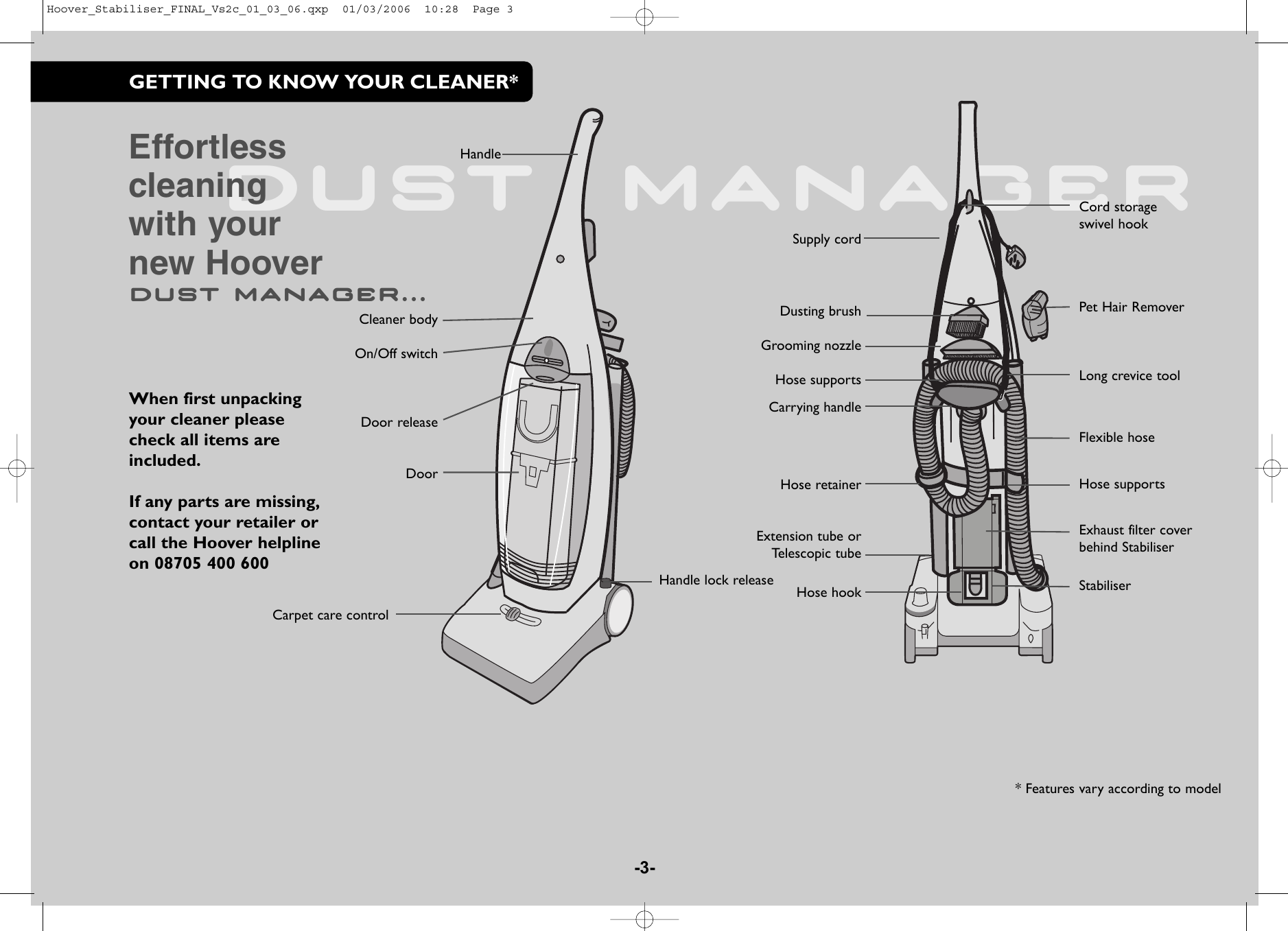 Page 3 of 8 - Hoover Vacuum Cleaner Dust Manager DM4496 Instruction Manual - Product Code 39100102