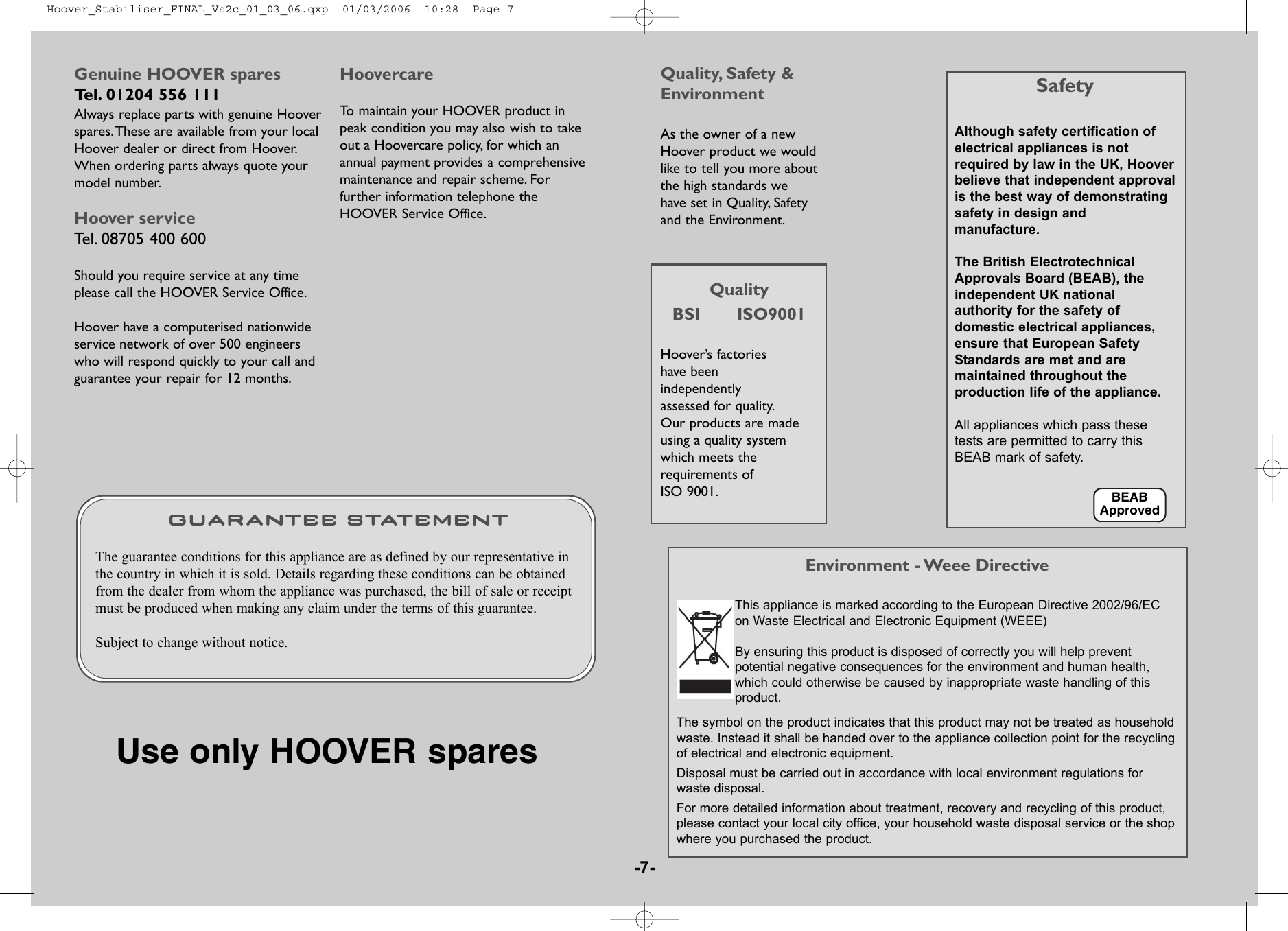 Page 7 of 8 - Hoover Vacuum Cleaner Dust Manager DM4496 Instruction Manual - Product Code 39100102