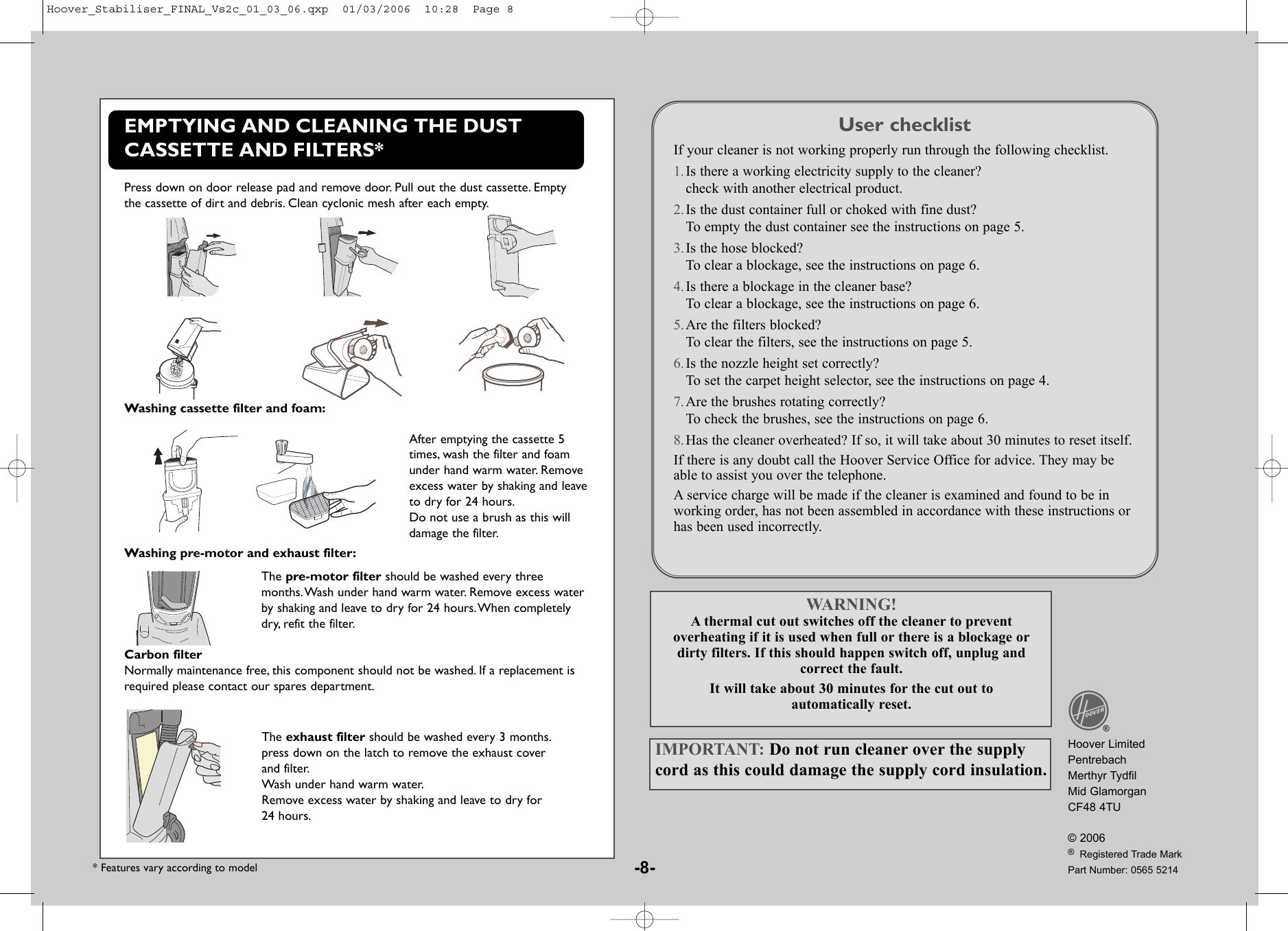 Page 8 of 8 - Hoover Vacuum Cleaner Dust Manager DM4496 Instruction Manual - Product Code 39100102