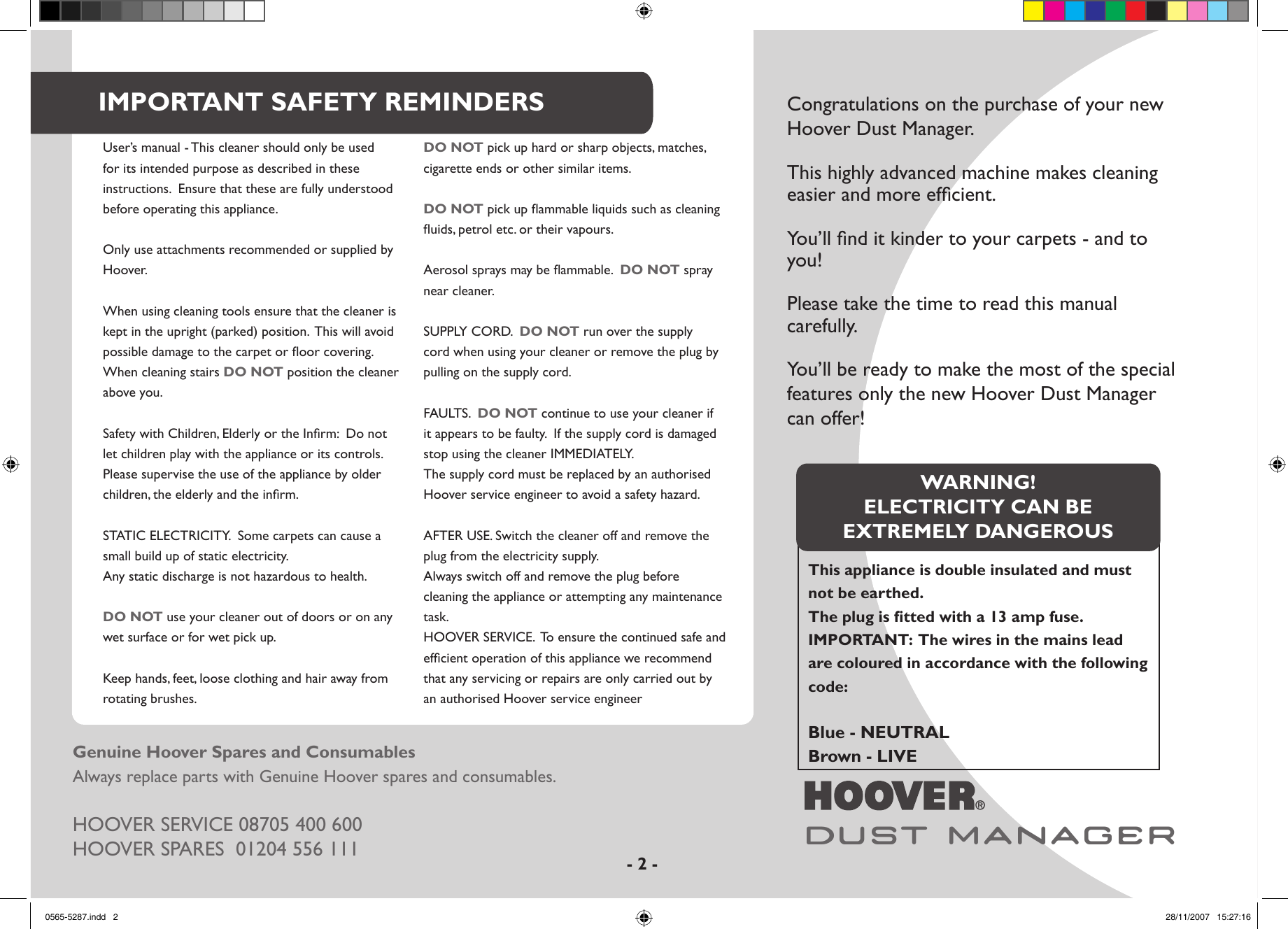 Page 2 of 10 - Hoover Vacuum Cleaner Dust Manager DM6210 Instruction Manual - Product Code 39100195