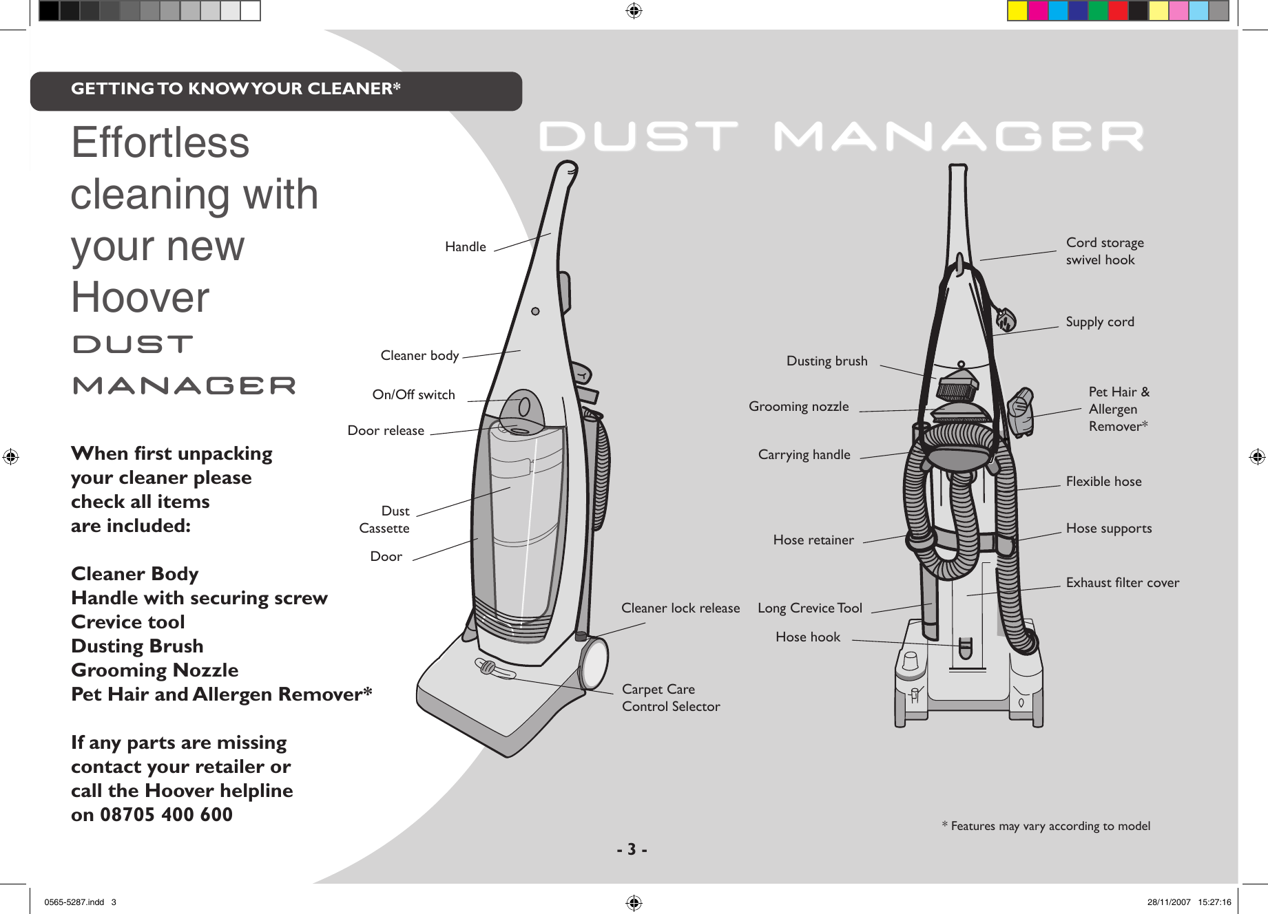 Page 3 of 10 - Hoover Vacuum Cleaner Dust Manager DM6210 Instruction Manual - Product Code 39100195