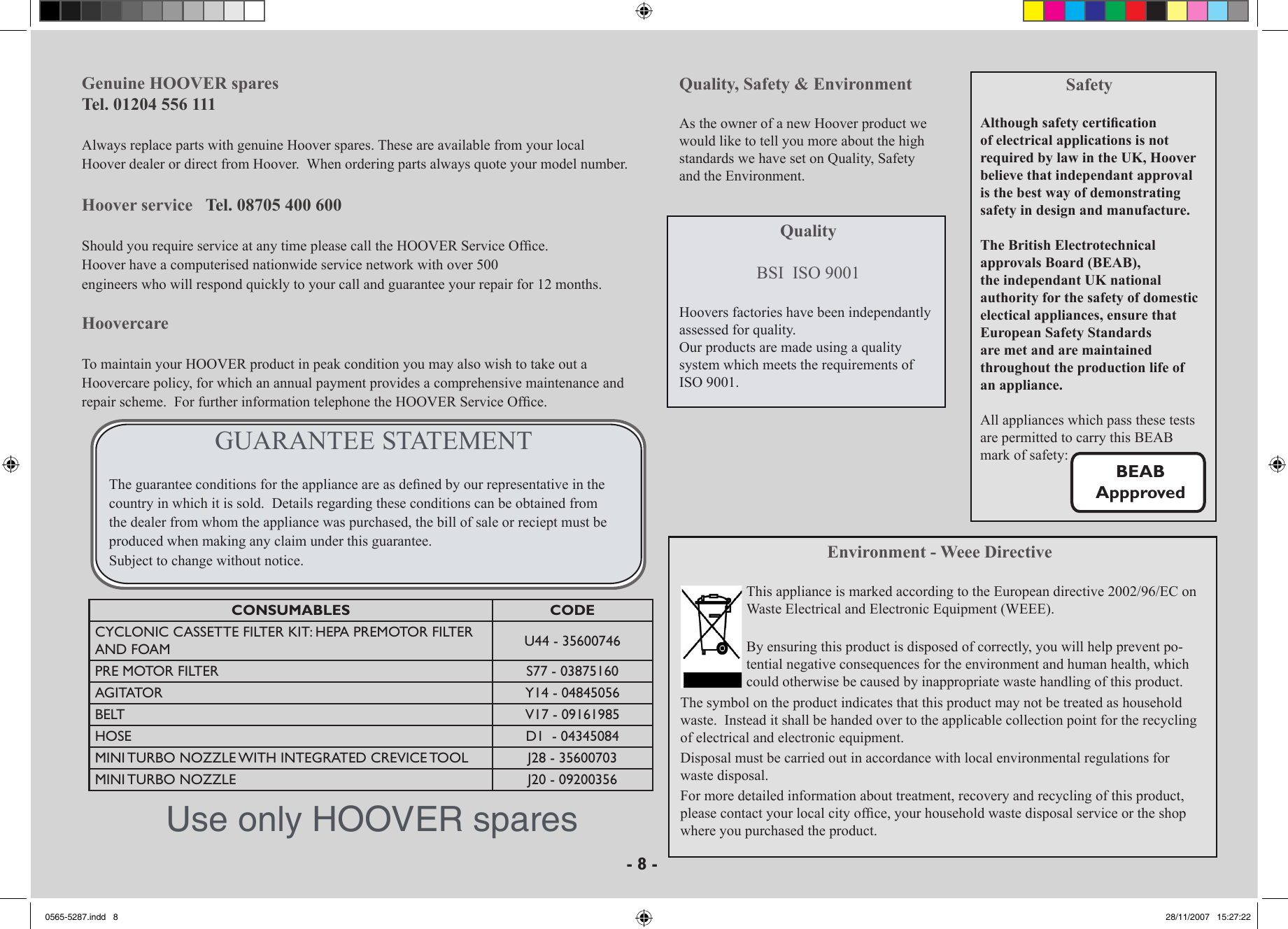 Page 8 of 10 - Hoover Vacuum Cleaner Dust Manager DM6210 Instruction Manual - Product Code 39100195