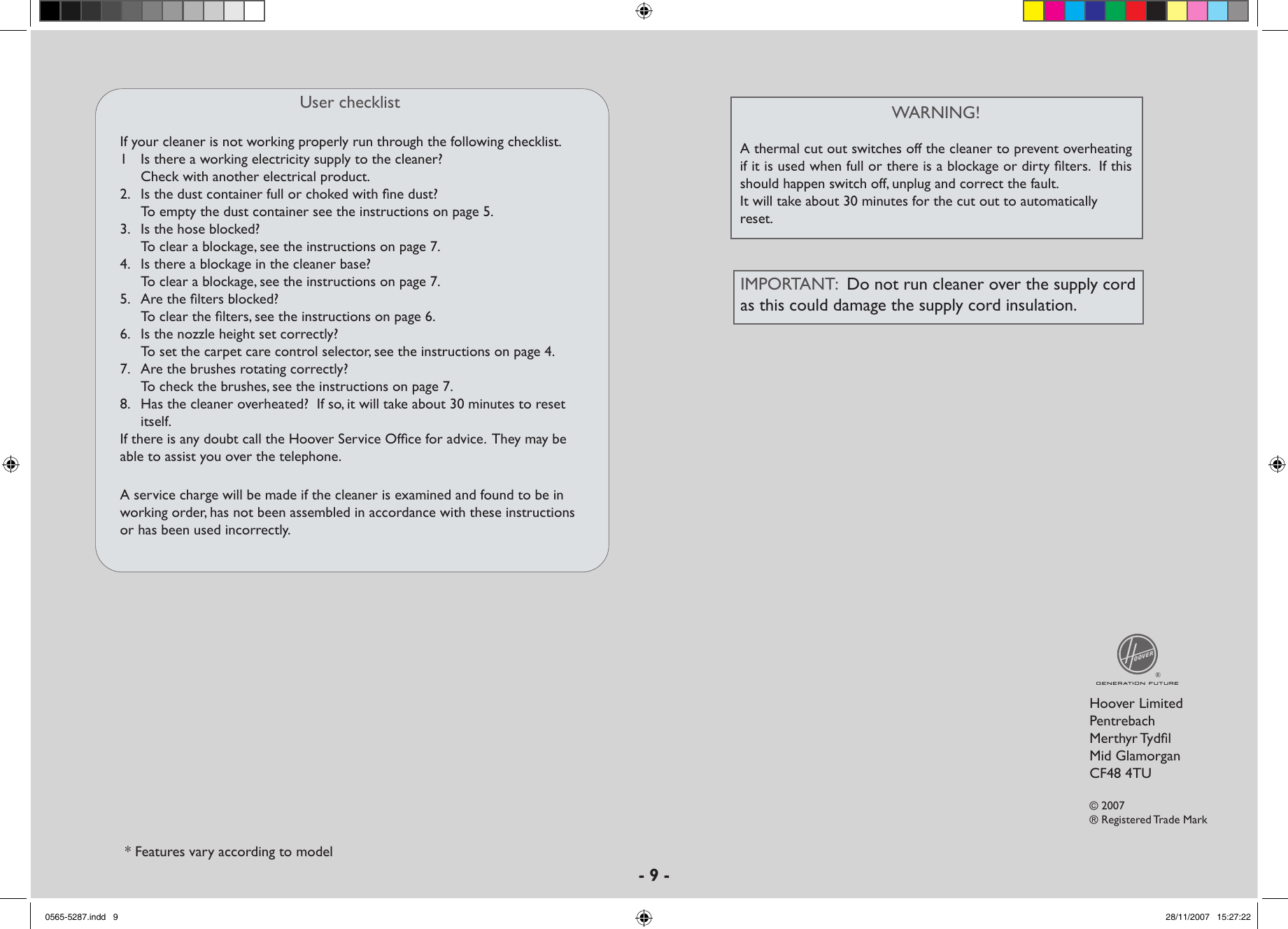 Page 9 of 10 - Hoover Vacuum Cleaner Dust Manager All Floor DM6216 Instruction Manual - Product Code 39100229