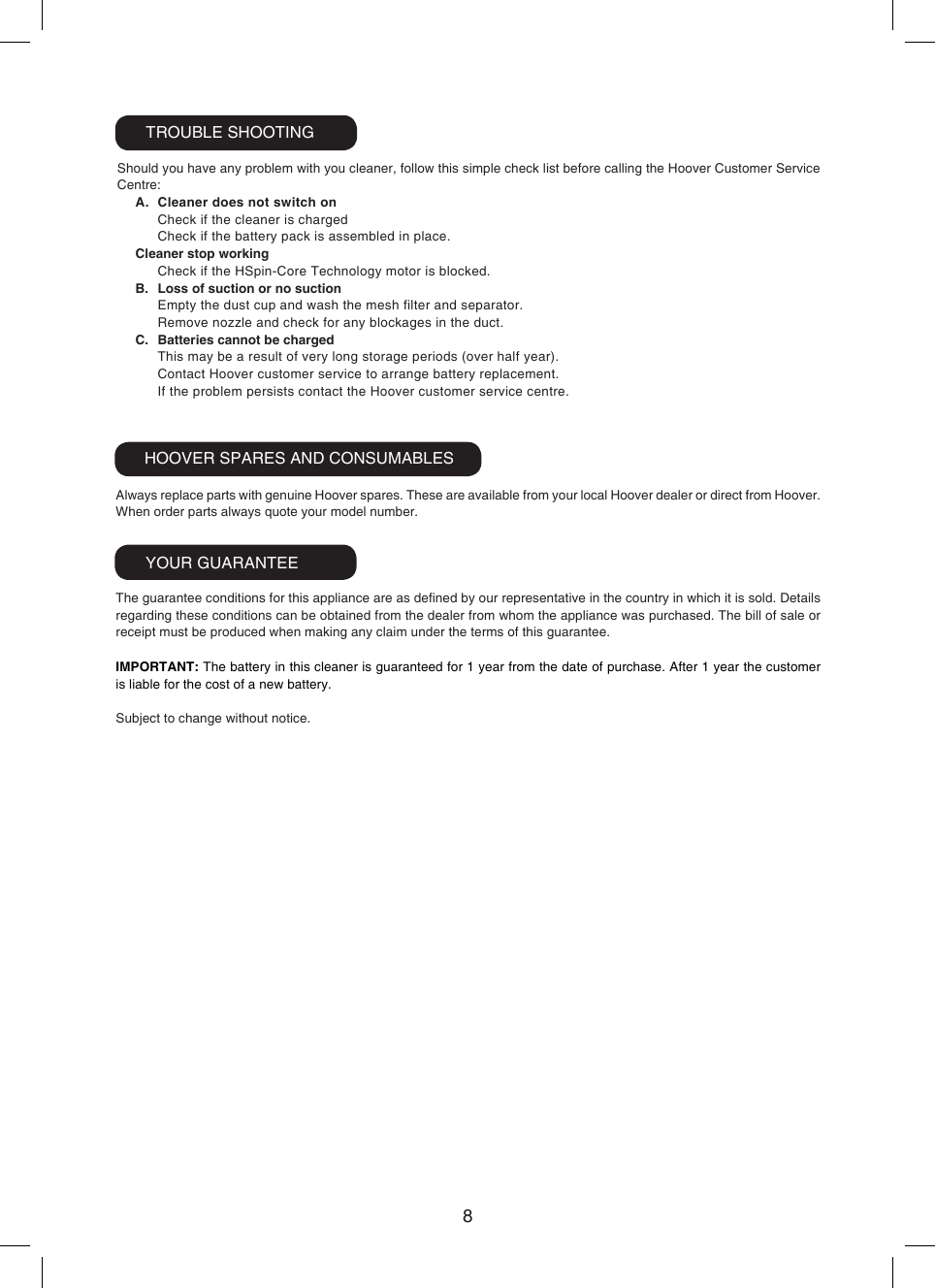 Page 11 of 12 - Hoover Vacuum Cleaner Discovery 22v Lithium Cordless Stick DS22G Instruction Manual - Product Code 39400303 DS22