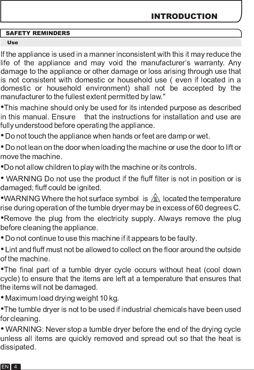 Page 4 of 11 - Hoover Tumble Dryer Dynamic DYC 710AV2BX Instruction Manual - Product Code 31100690 DYC71013