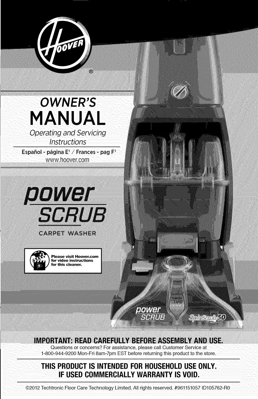 Hoover FH50140 User Manual CARPET CLEANER Manuals And Guides 1503537L