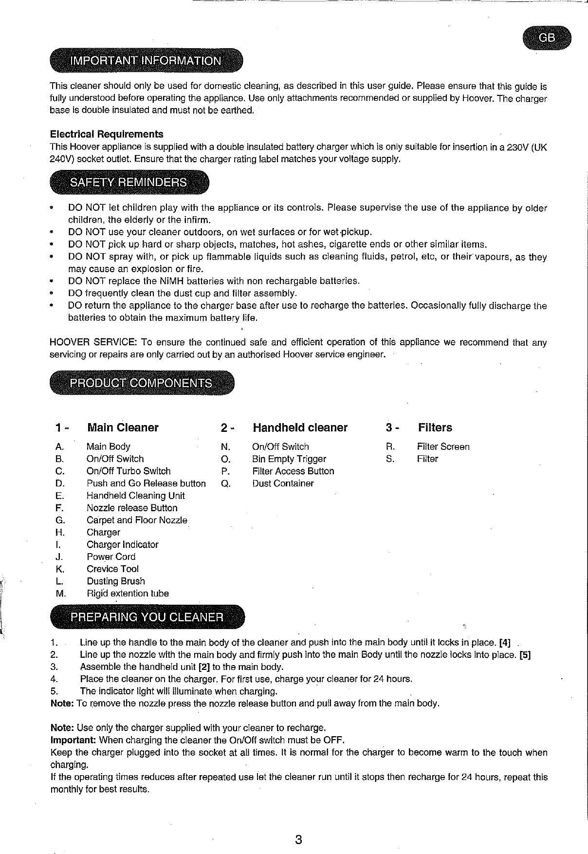 Page 5 of 8 - Hoover Vacuum Cleaner Freejet 3 In 1 FJ120R2 Instruction Manual - Product Code 39400090