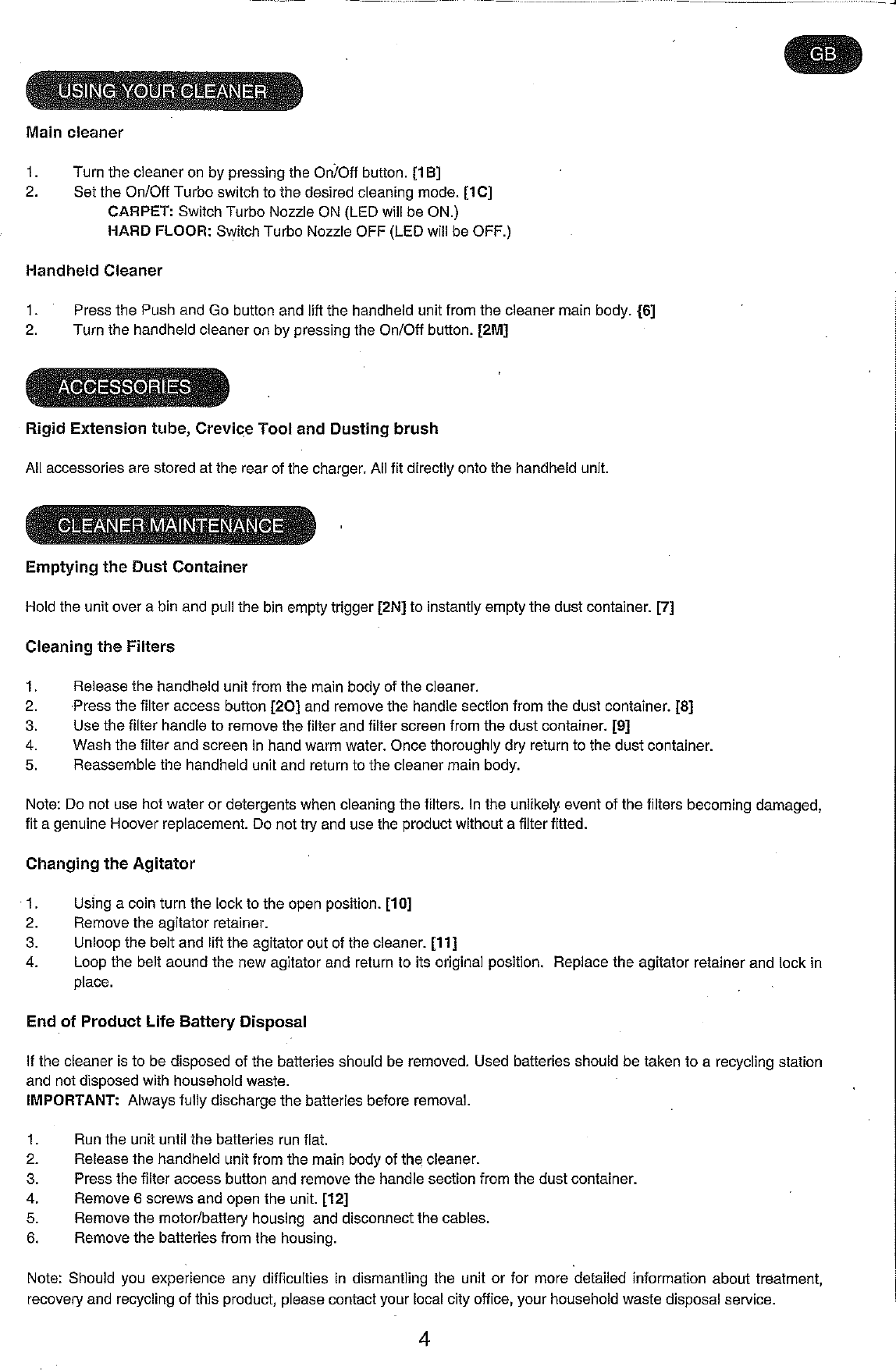 Page 6 of 8 - Hoover Vacuum Cleaner Freejet 3 In 1 FJ120R2 Instruction Manual - Product Code 39400090