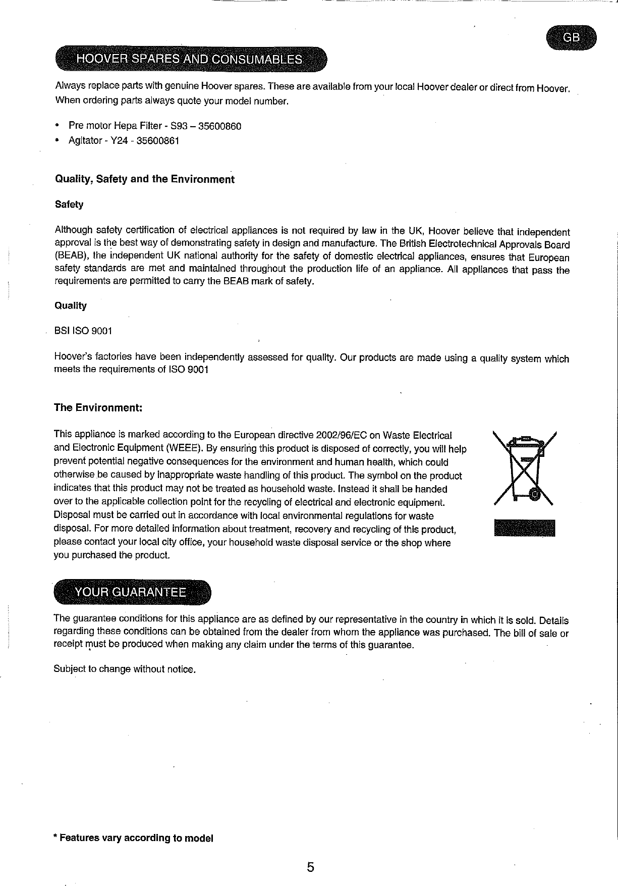 Page 7 of 8 - Hoover Vacuum Cleaner Freejet 3 In 1 FJ120R2 Instruction Manual - Product Code 39400090