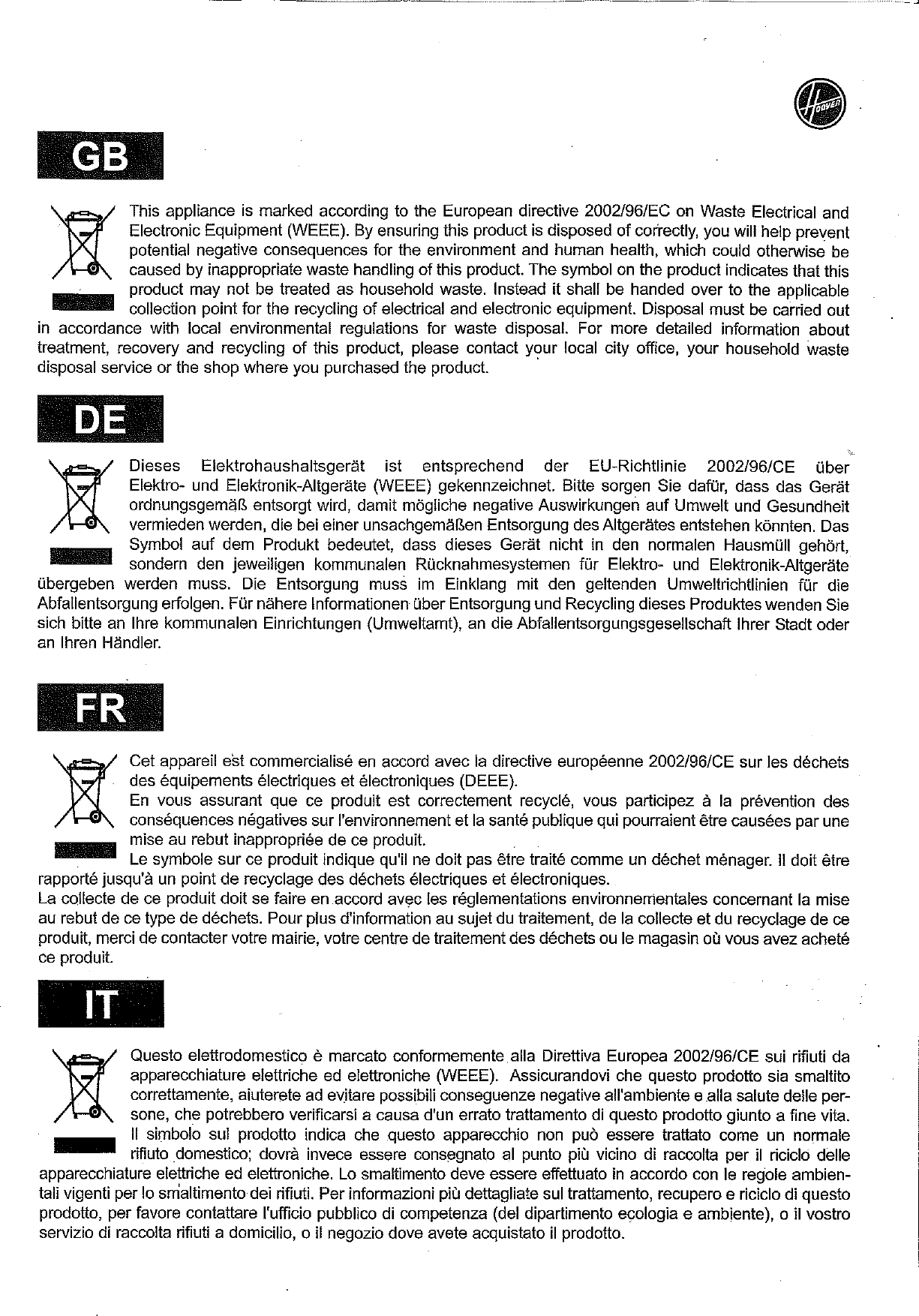 Page 8 of 8 - Hoover Vacuum Cleaner Freejet 3 In 1 FJ120R2 Instruction Manual - Product Code 39400090