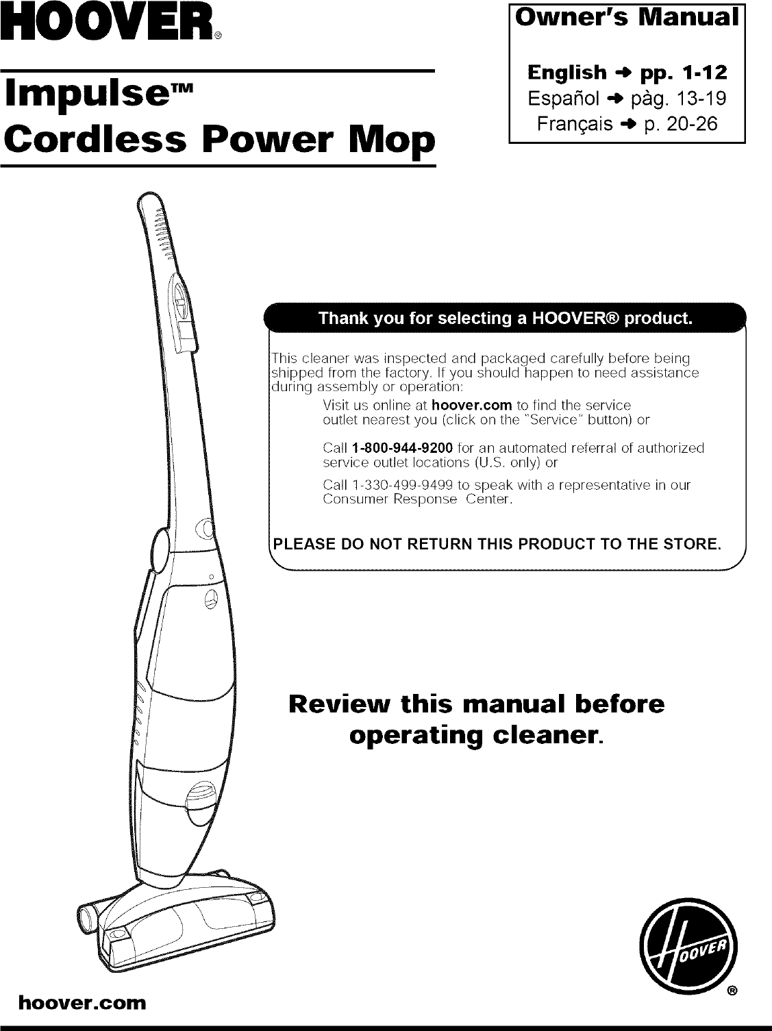 Page 1 of 12 - Hoover H2510 User Manual  CORDLESS POWER MOP - Manuals And Guides L0804035