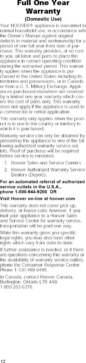 Page 12 of 12 - Hoover H2510 User Manual  CORDLESS POWER MOP - Manuals And Guides L0804035