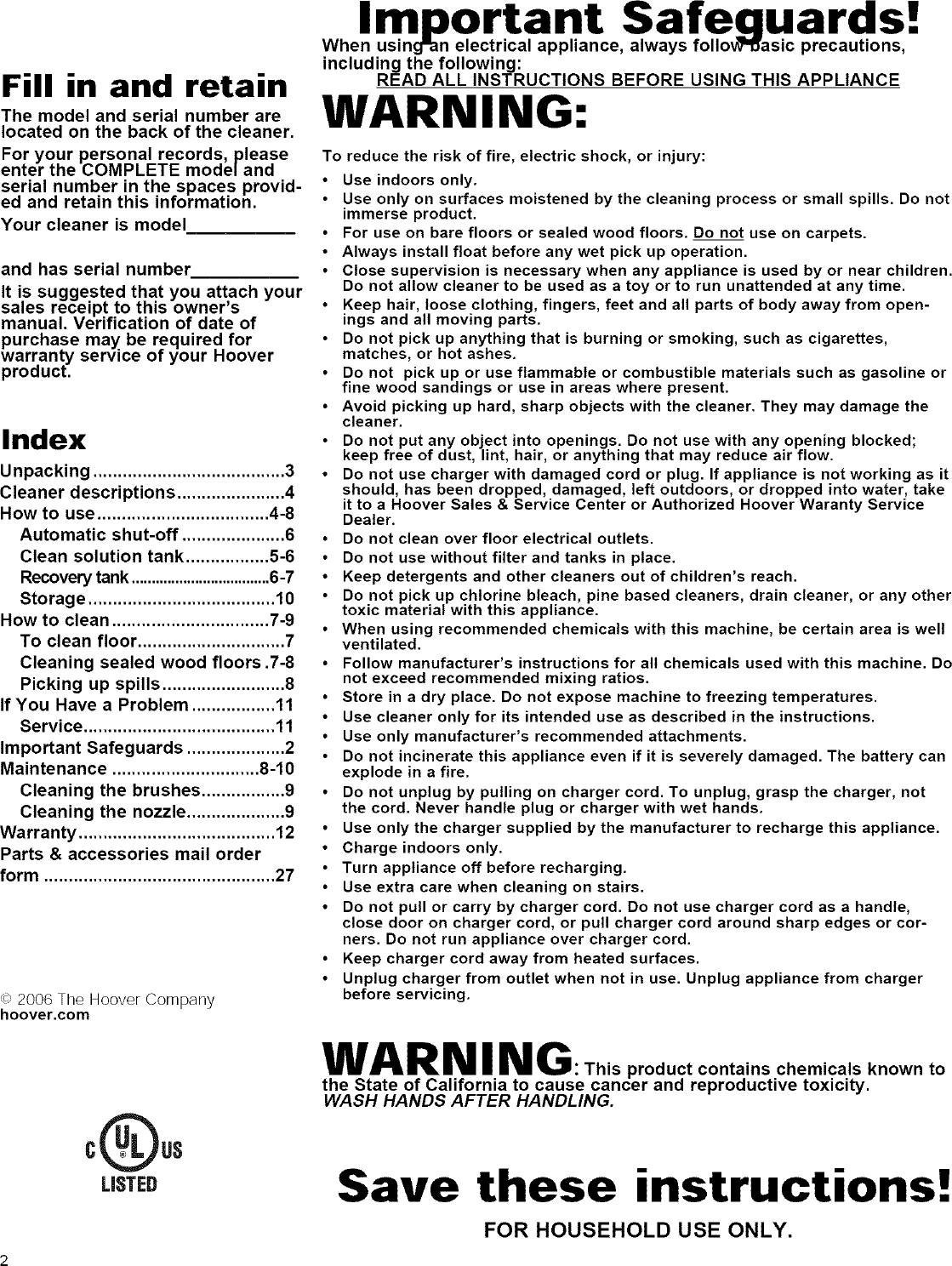 Page 2 of 12 - Hoover H2510 User Manual  CORDLESS POWER MOP - Manuals And Guides L0804035