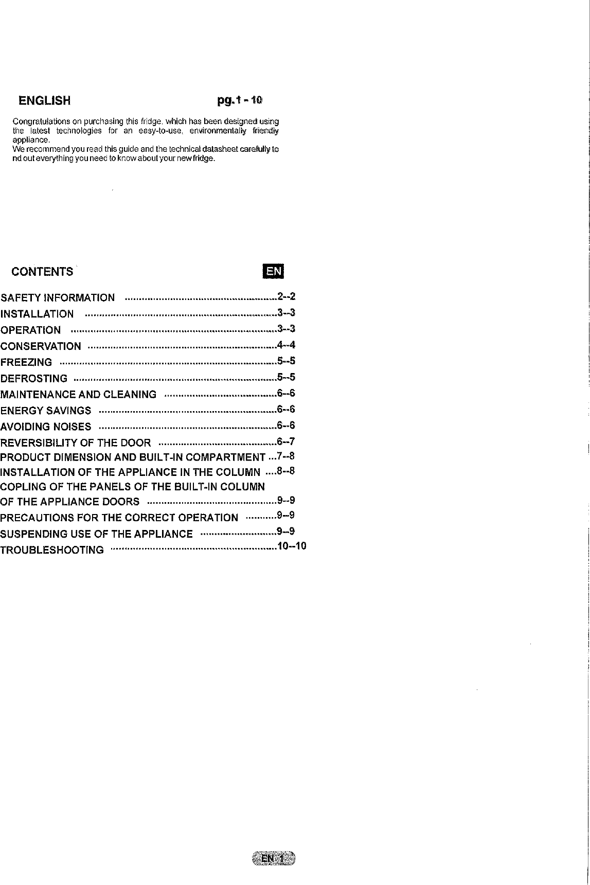 Page 2 of 12 - Hoover Integrated Frost Free Fridge Freezer HBBF 50 UK Instruction Manual - Product Code 34900460 HBBF50UK