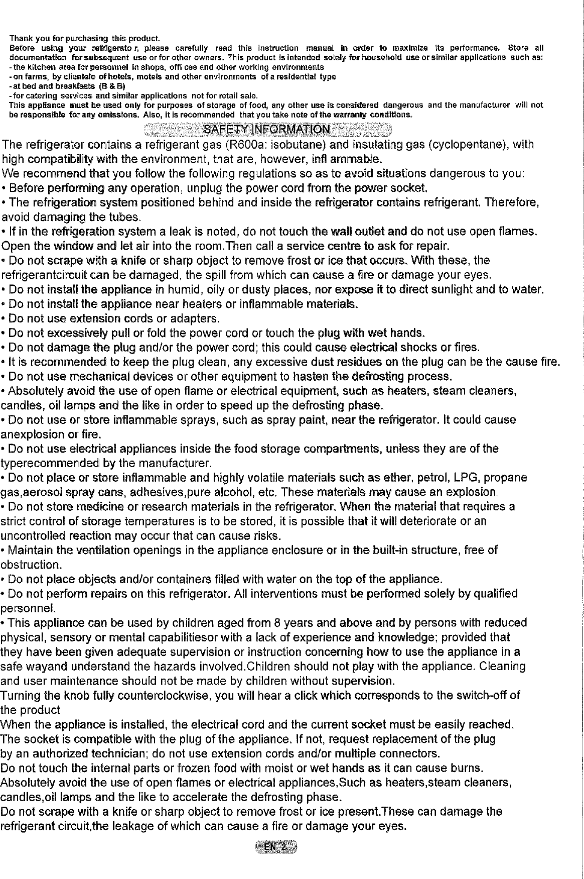 Page 3 of 12 - Hoover Integrated Frost Free Fridge Freezer HBBF 50 UK Instruction Manual - Product Code 34900460 HBBF50UK