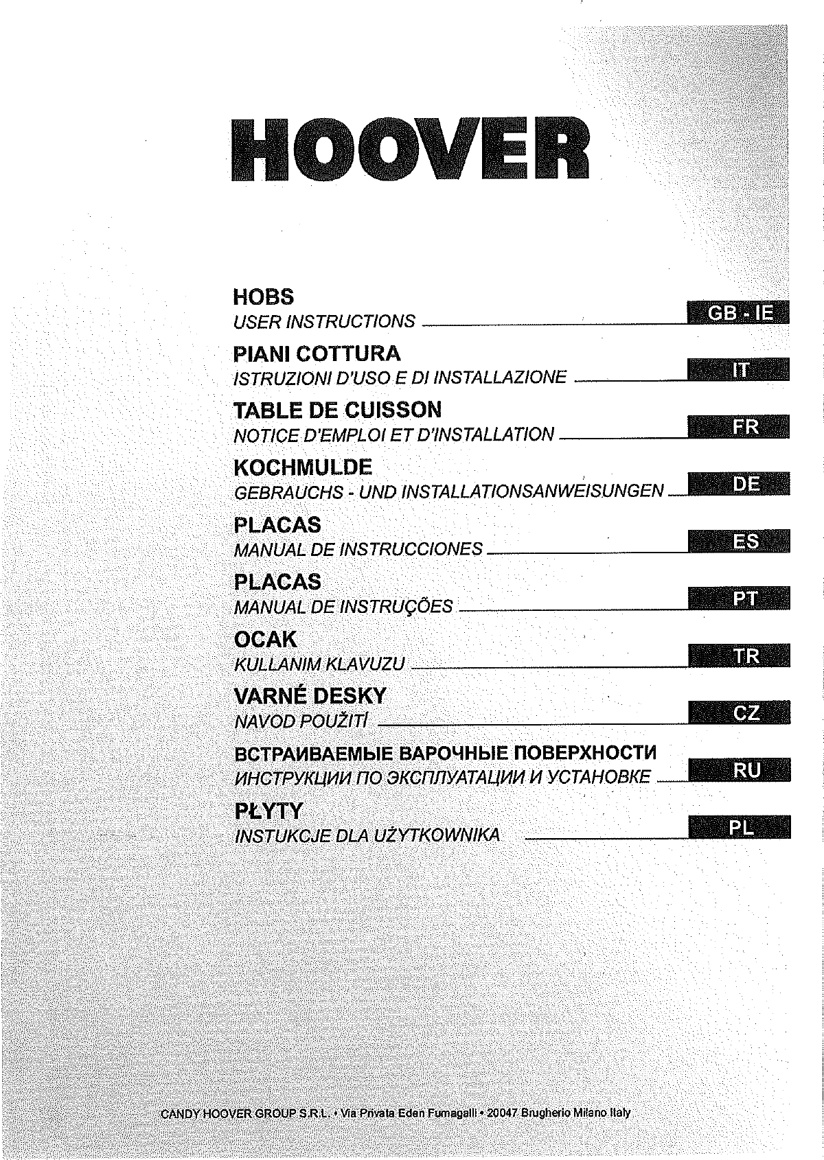 Page 1 of 7 - Hoover Ghisa 3 Burner Gas Hob HF 9 Instruction Manual - Product Code 33800864 HF9