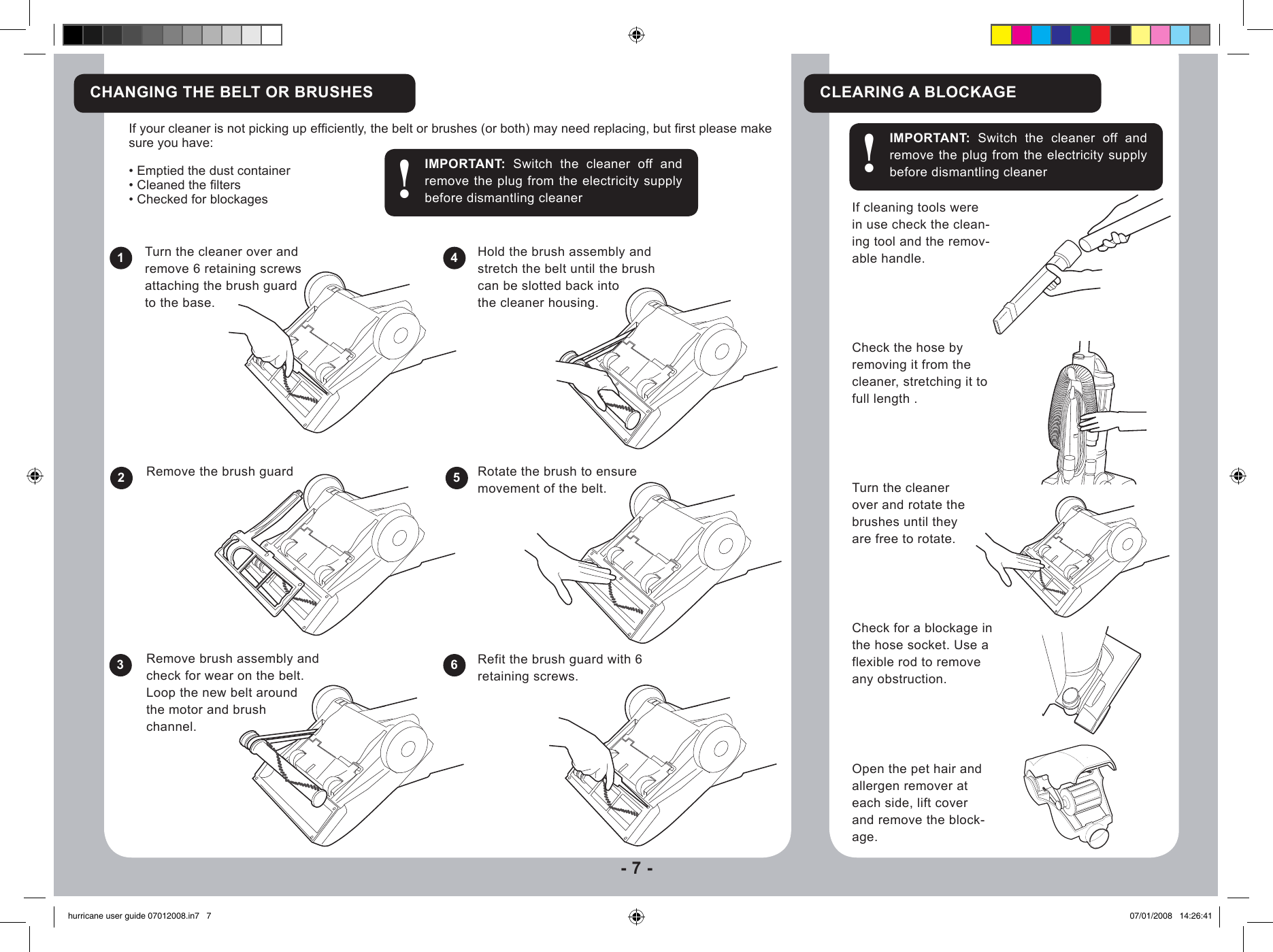 Page 7 of 10 - Hoover Hurricane Power Upright Vacuum Cleaner HP2300 Instruction Manual - Product Code 39100300