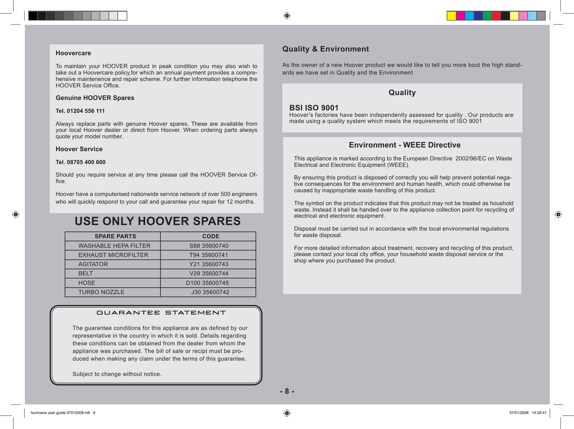 Page 8 of 10 - Hoover Hurricane Power Upright Vacuum Cleaner HP2300 Instruction Manual - Product Code 39100300