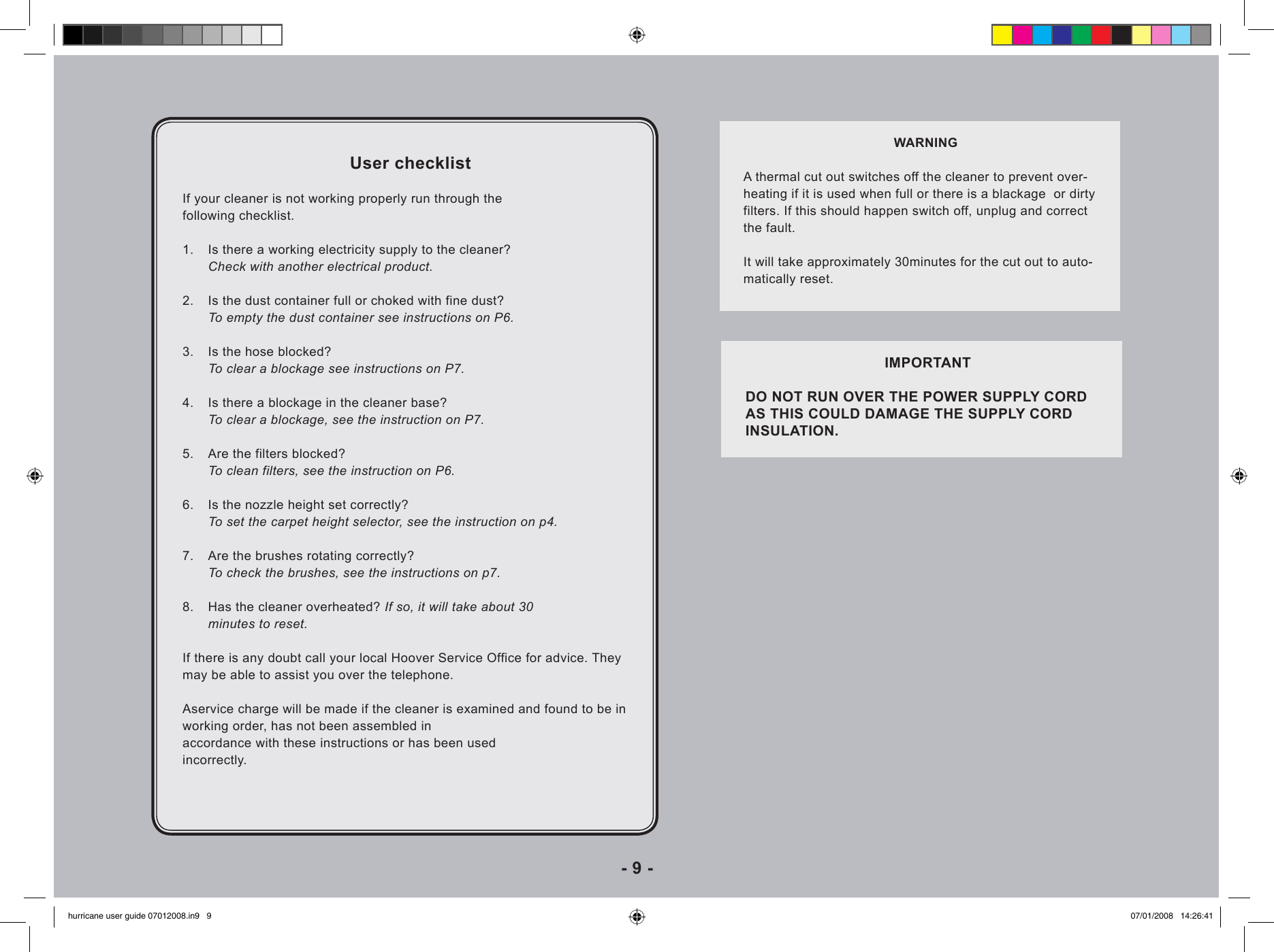 Page 9 of 10 - Hoover Hurricane Power Upright Vacuum Cleaner HP2300 Instruction Manual - Product Code 39100300