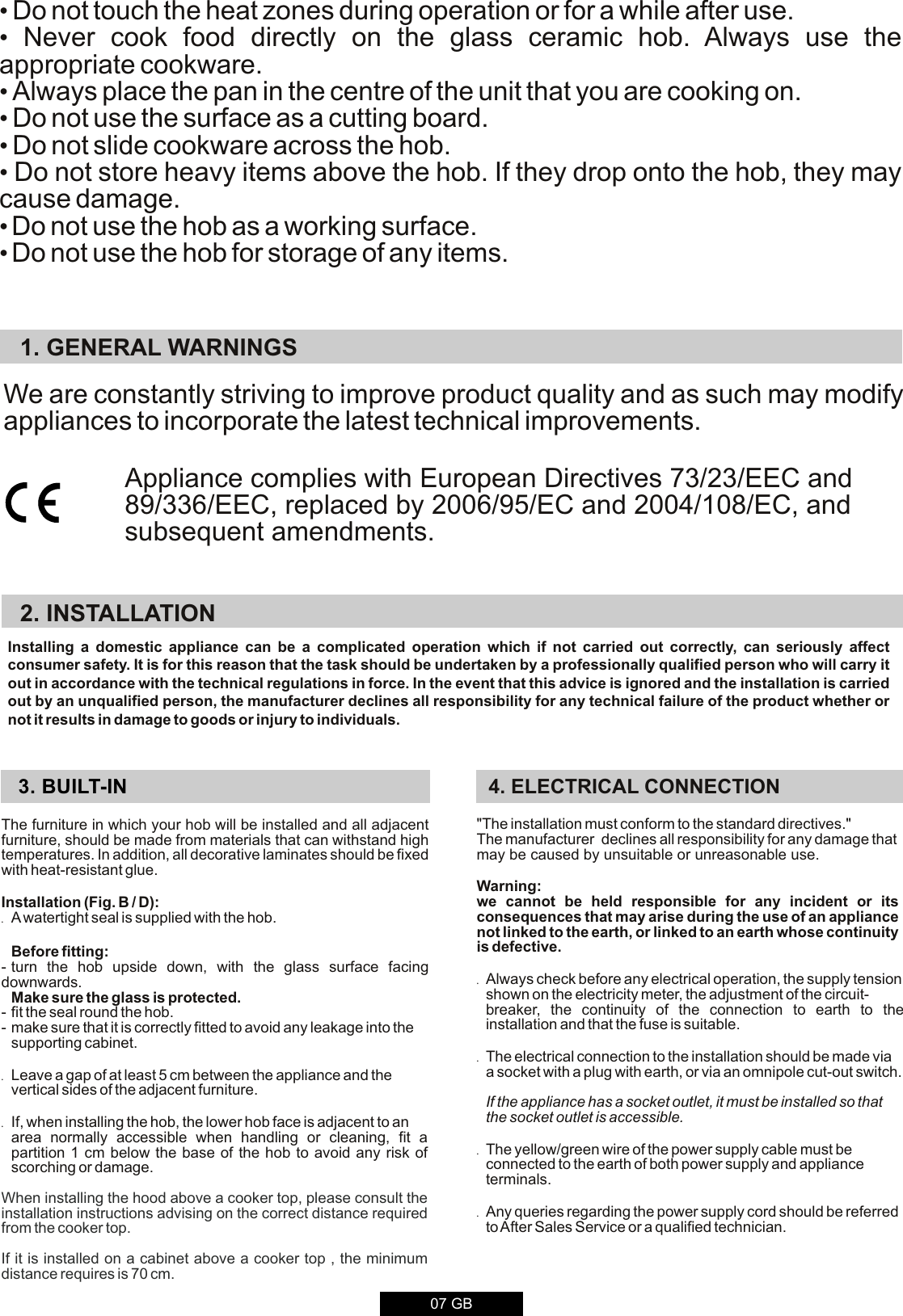 Page 6 of 12 - Hoover Ceramic Hob HVC604C Instruction Manual - Product Code 33801746