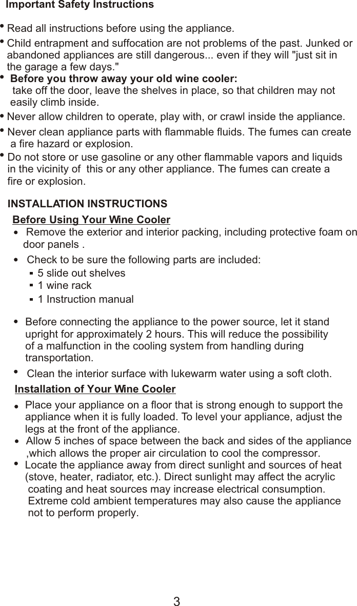 Page 4 of 10 - Hoover Wine Cooler HWC2536DL Instruction Manual - Product Code 34000889 HWC 2536DL