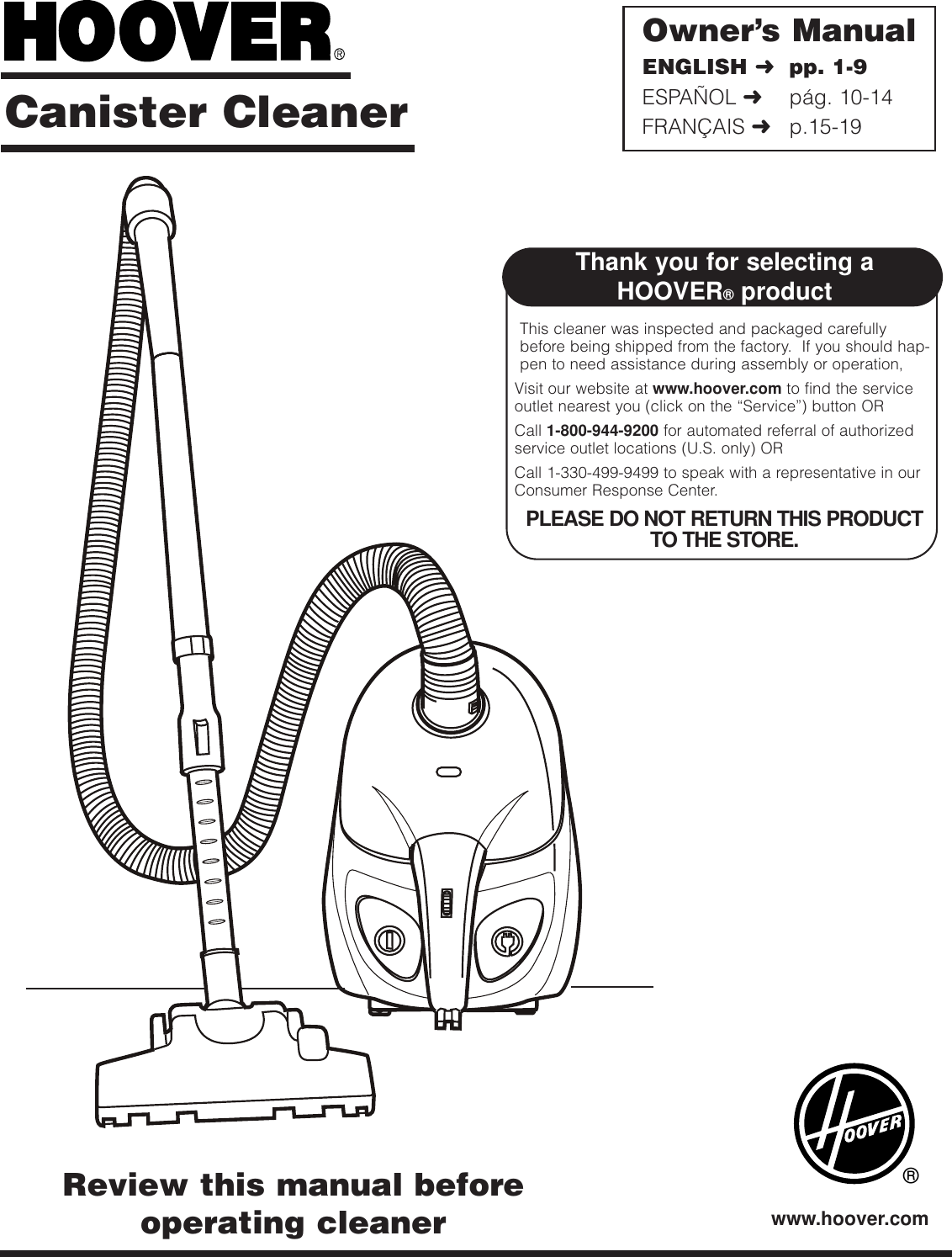 Page 1 of 9 - Hoover Hoover-S1361-Owner-S-Manual S1361 Canister